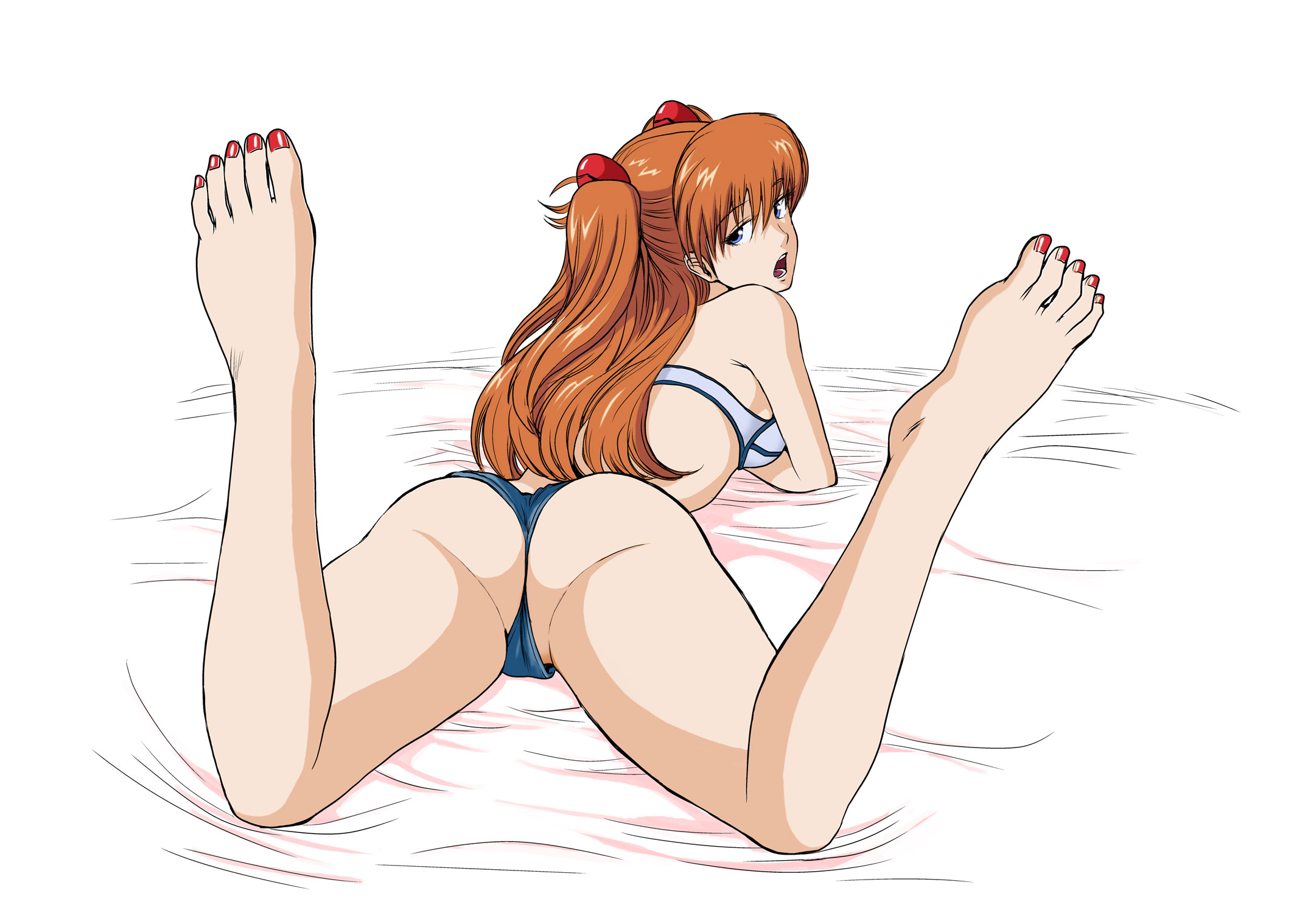 kamitsuki manmaru, souryuu asuka langley, neon genesis evangelion, highres, 1girl, ass, barefoot, blue eyes, breasts, come hither, feet, female focus, half-closed eyes, legs up, long hair, looking back, lying, medium breasts, nail polish, on stomach, open mouth, orange hair, red nails, seductive gaze, sideboob, solo, the pose, toenail polish, toenails, toes, two side up
