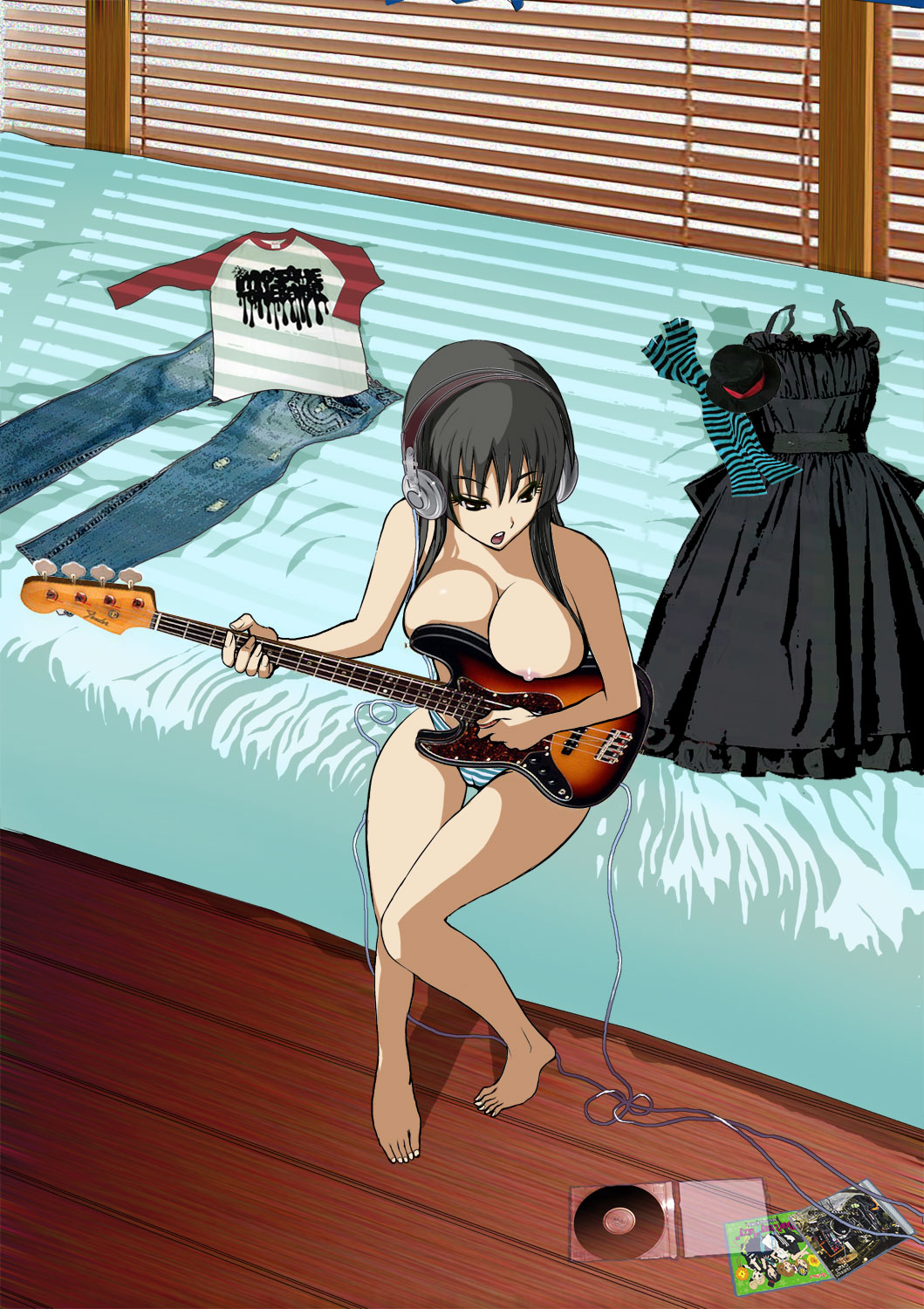 kamitsuki manmaru, akiyama mio, akg, don't say "lazy", k-on!, clothes, bad id, bad pixiv id, highres, 00s, 1girl, akg k-series headphones, barefoot, bass guitar, bed, between breasts, black hair, breast press, breasts, cd, clothes on bed, feet, female focus, full body, guitar, headphones, instrument, large breasts, long hair, music, nipples, panties, playing guitar, playing instrument, raglan sleeves, singing, sitting, solo, striped clothes, striped panties, toes, topless female, underwear