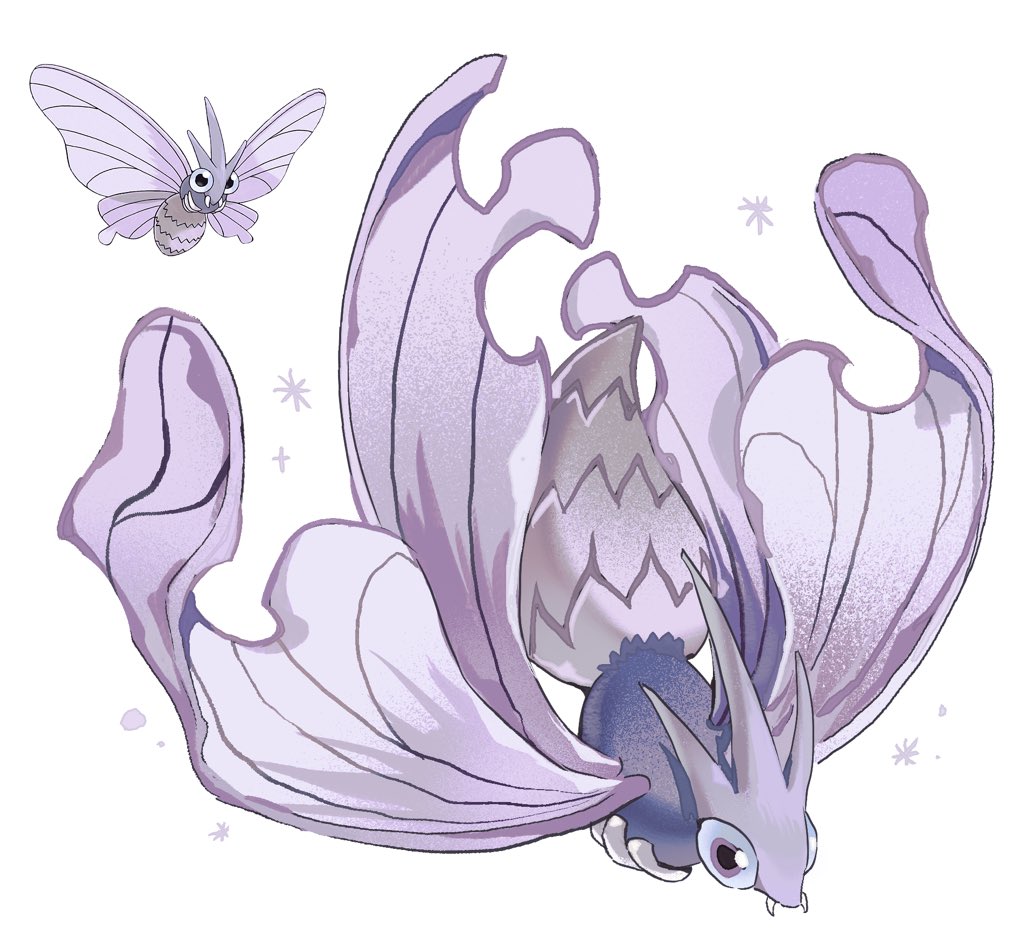 bairizuomeng, venomoth, nintendo, pokemon, animal focus, bug, fangs, flying, full body, gen 1 pokemon, insect, insect wings, looking at viewer, moth, no humans, official art inset, pokemon (creature), pokemon focus, purple eyes, purple wings, reference inset, simple background, solo, white background, wings