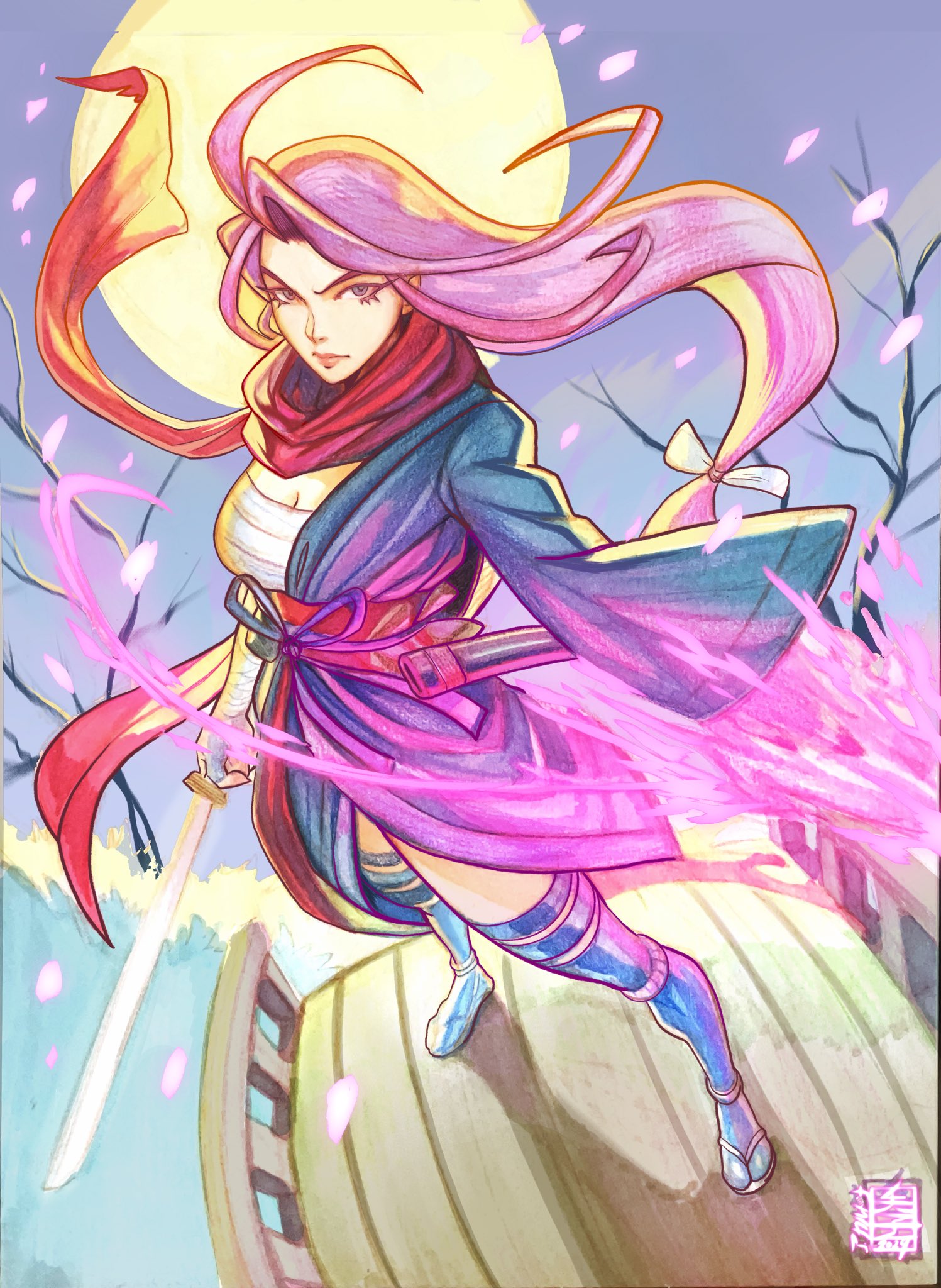 acecore2k, psylocke, psylocke (sai), marvel, marvel rivals, x-men, commentary, english commentary, highres, marker (medium), mixed media, pen (medium), traditional media, 1girl, asymmetrical dual wielding, blue background, blue thighhighs, breasts, chasenmage, cleavage, dual wielding, energy sword, floating hair, full body, full moon, gradient background, holding, holding sword, holding weapon, japanese clothes, katana, long hair, looking at viewer, low-tied long hair, moon, official alternate costume, pink petals, purple hair, red scarf, sarashi, scarf, solo, sword, tabi, thighhighs, tree, weapon