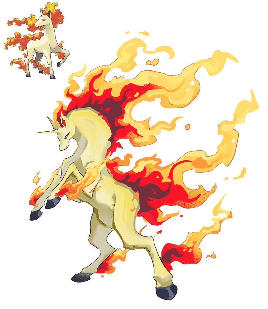 bairizuomeng, rapidash, nintendo, pokemon, animal focus, fiery hair, fiery tail, fire, full body, gen 1 pokemon, hooves, horns, horse, looking at viewer, no humans, official art inset, pokemon (creature), pokemon focus, red eyes, reference inset, simple background, single horn, solo, standing, tail, unicorn, white background
