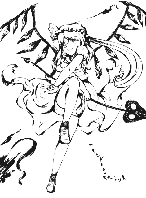 ryuu, ryuu (tsukinoyuki), flandre scarlet, embodiment of scarlet devil, touhou, 1girl, female focus, greyscale, hat, mob cap, monochrome, solo