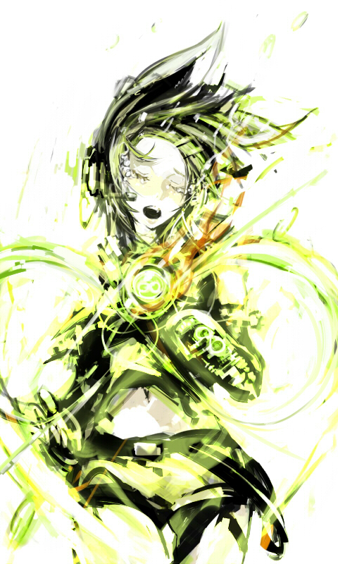 z-ton, kagamine rin, vocaloid, 1girl, :d, belt, blush, buckle, closed eyes, cowboy shot, female focus, hair ornament, hairpin, headphones, midriff, navel, open mouth, short hair, shorts, simple background, smile, solo, standing, stomach, tears, white background