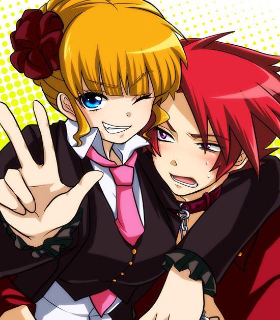 uka (color noise), beatrice (umineko), ushiromiya battler, umineko no naku koro ni, bad id, bad pixiv id, 00s, 1boy, 1girl, chain, collar, necktie, one eye closed, pink necktie, v, wink