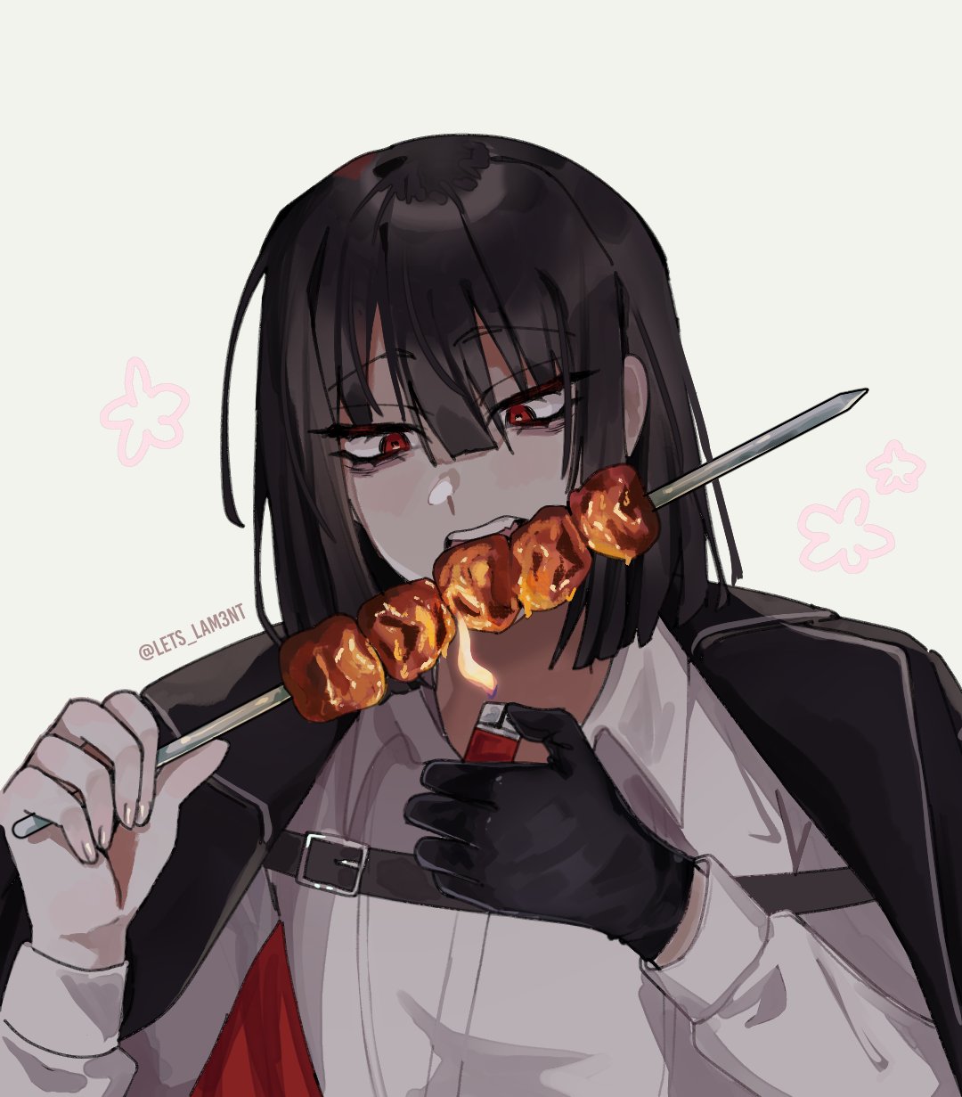 lets lam3nt, ryoshu (project moon), limbus company, project moon, commentary, english commentary, highres, 1girl, artist name, black gloves, black hair, black jacket, blunt ends, chicken (food), eating, fire, food, gloves, hair between eyes, holding, holding lighter, holding skewer, jacket, jacket on shoulders, lighter, medium hair, red eyes, shirt, shish kebab, simple background, skewer, solo, twitter username, upper body, white background, white shirt