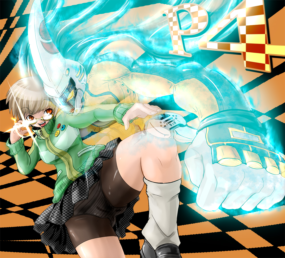 marimo (ankokumarimo), satonaka chie, tomoe (persona 4), atlus, persona, persona 4, badge, bike shorts, brown eyes, brown hair, button badge, glasses, jacket, leg lift, loose socks, panties, pin, school uniform, see-through clothes, short hair, skirt, socks, tomboy, tomoe (persona), track jacket, underwear, yellow-framed eyewear