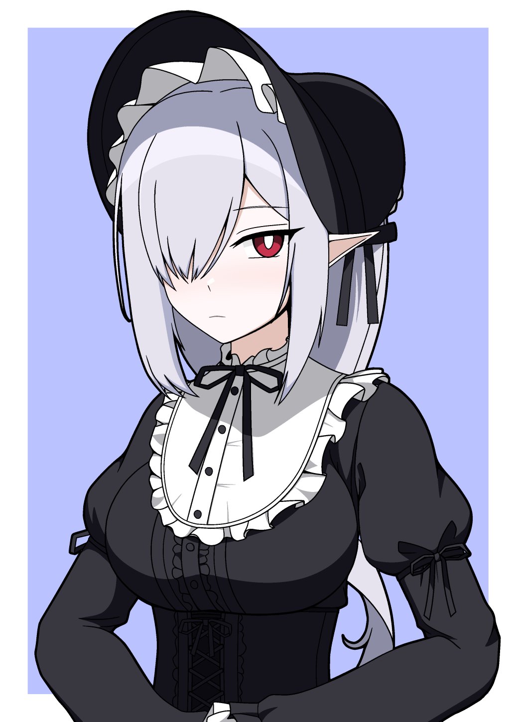 dr bulkman, gladiia (arknights), arknights, highres, 1girl, alternate costume, black bonnet, black dress, bonnet, breasts, dress, gothic lolita, grey hair, hair over one eye, lolita fashion, long hair, long sleeves, looking at viewer, pointy ears, red eyes, simple background, solo, upper body