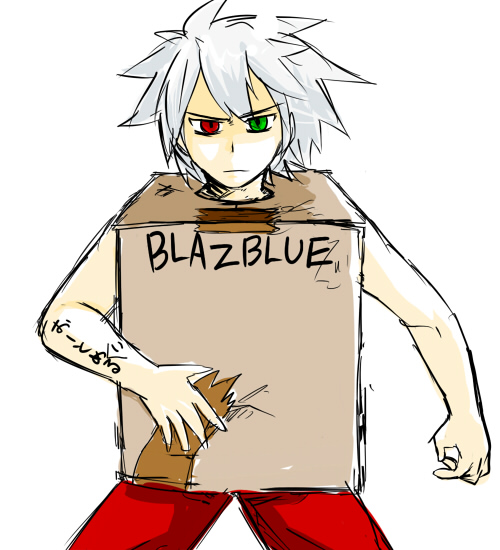 cardboard box gundam, ragna the bloodedge, arc system works, blazblue, gundam, box, heterochromia, male focus, parody, solo