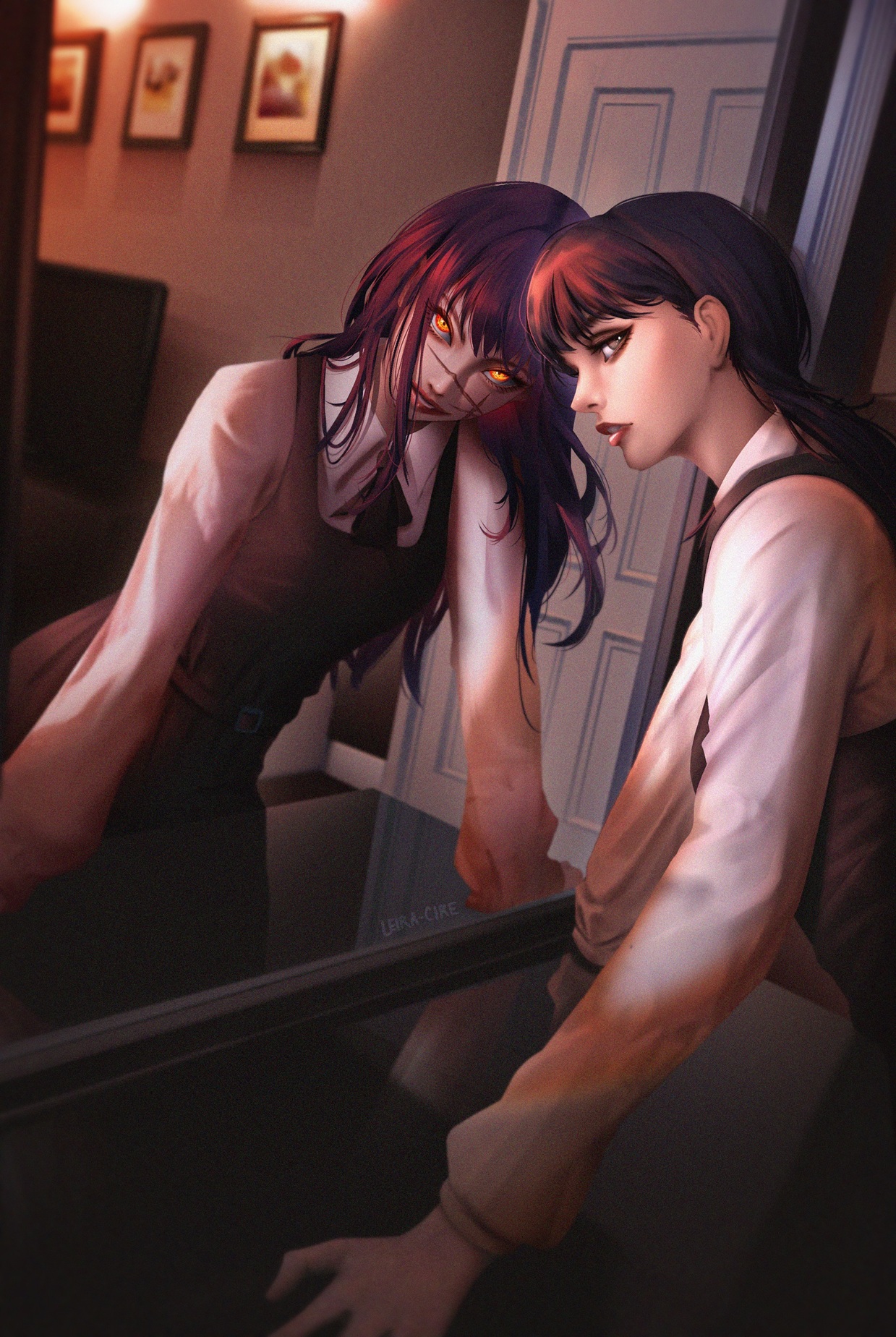 leira cire, mitaka asa, yoru (chainsaw man), chainsaw man, commentary, highres, 1girl, black hair, blurry, blurry background, brown eyes, cross scar, dress, dual persona, facial scar, fourth east high school uniform, grin, indoors, long hair, looking at viewer, looking to the side, mirror, orange eyes, picture frame, pinafore dress, profile, ringed eyes, scar, scar on cheek, scar on face, scar on nose, school uniform, sleeveless, sleeveless dress, smile, television, upper body
