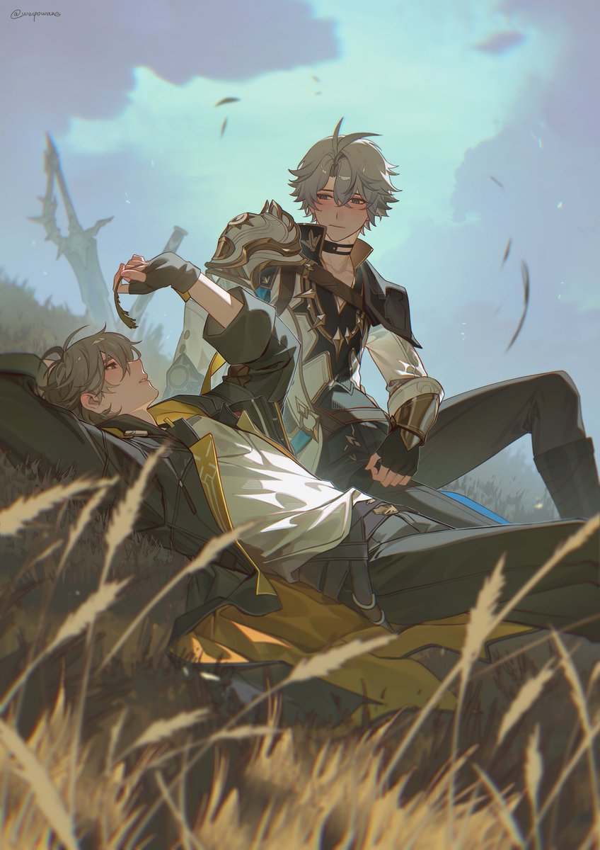 weyowang, caelus (honkai: star rail), phainon (honkai: star rail), trailblazer (honkai: star rail), honkai: star rail, honkai (series), commentary, english commentary, highres, 2boys, antenna hair, arm behind head, arm up, armor, baseball bat, belt, black boots, black choker, black coat, black gloves, black pants, blue eyes, blue sky, blurry, blurry foreground, blush, boots, brown belt, brown eyes, choker, closed mouth, cloud, cloudy sky, coat, crossed bangs, dawnmaker (honkai: star rail), day, feet out of frame, fingerless gloves, fingernails, gloves, grey belt, grey hair, hair between eyes, hood, hooded coat, jacket, leaf, long sleeves, looking at another, looking up, lying, male focus, multiple boys, neck tattoo, on back, open clothes, open coat, outdoors, pants, puffy long sleeves, puffy sleeves, shirt, short hair, shoulder armor, single glove, sitting, sky, sun symbol, sun tattoo, sword, t-shirt, tan, tattoo, teeth, two-sided coat, two-sided fabric, weapon, weeds, white jacket, white shirt, yellow coat