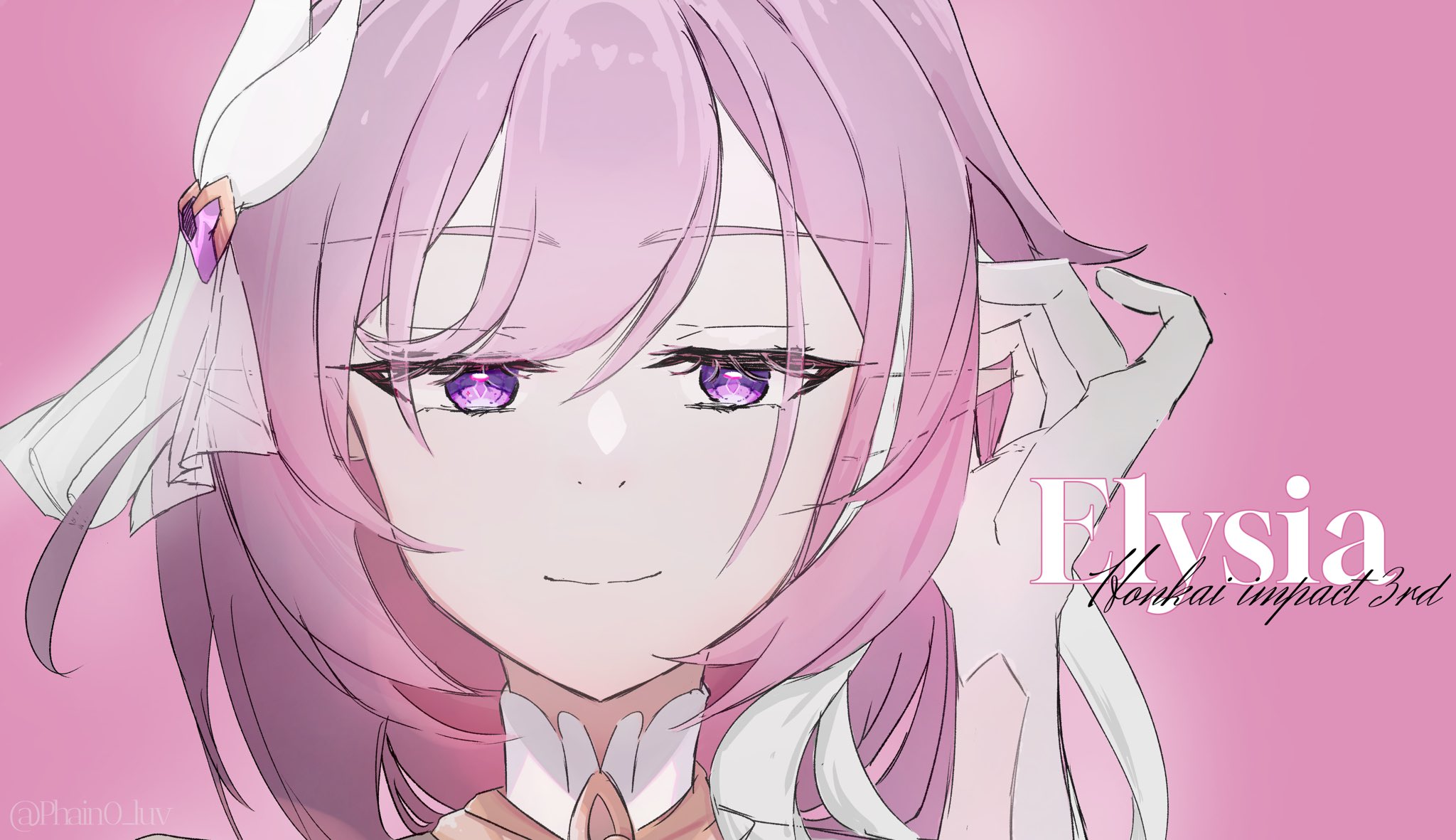 elysia (herrscher of human: ego) (honkai impact), elysia (honkai impact), honkai (series), honkai impact 3rd, commentary request, highres, 1girl, character name, copyright name, diamond-shaped pupils, diamond (shape), elf, hair ornament, long hair, looking at viewer, multicolored hair, phain0 luv, pink background, pink hair, pointy ears, portrait, purple eyes, simple background, smile, solo, symbol-shaped pupils, twitter username, two-tone hair, white hair