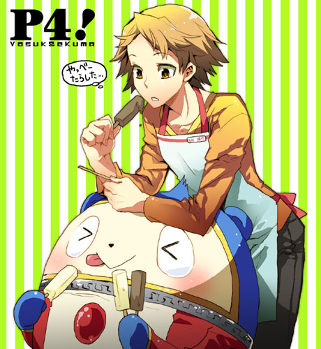 tane9, hanamura yousuke, kuma (persona 4), atlus, persona, persona 4, bad id, bad pixiv id, lowres, 2boys, apron, brown eyes, brown hair, closed eyes, food, ice cream, male focus, multiple boys, popsicle, short hair, smile, tongue