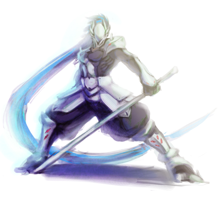 shirakawa68, hakumen, arc system works, blazblue, blazblue: calamity trigger, bad id, bad pixiv id, 1boy, armor, fighting stance, long hair, male focus, mask, solo, sword, weapon, white background