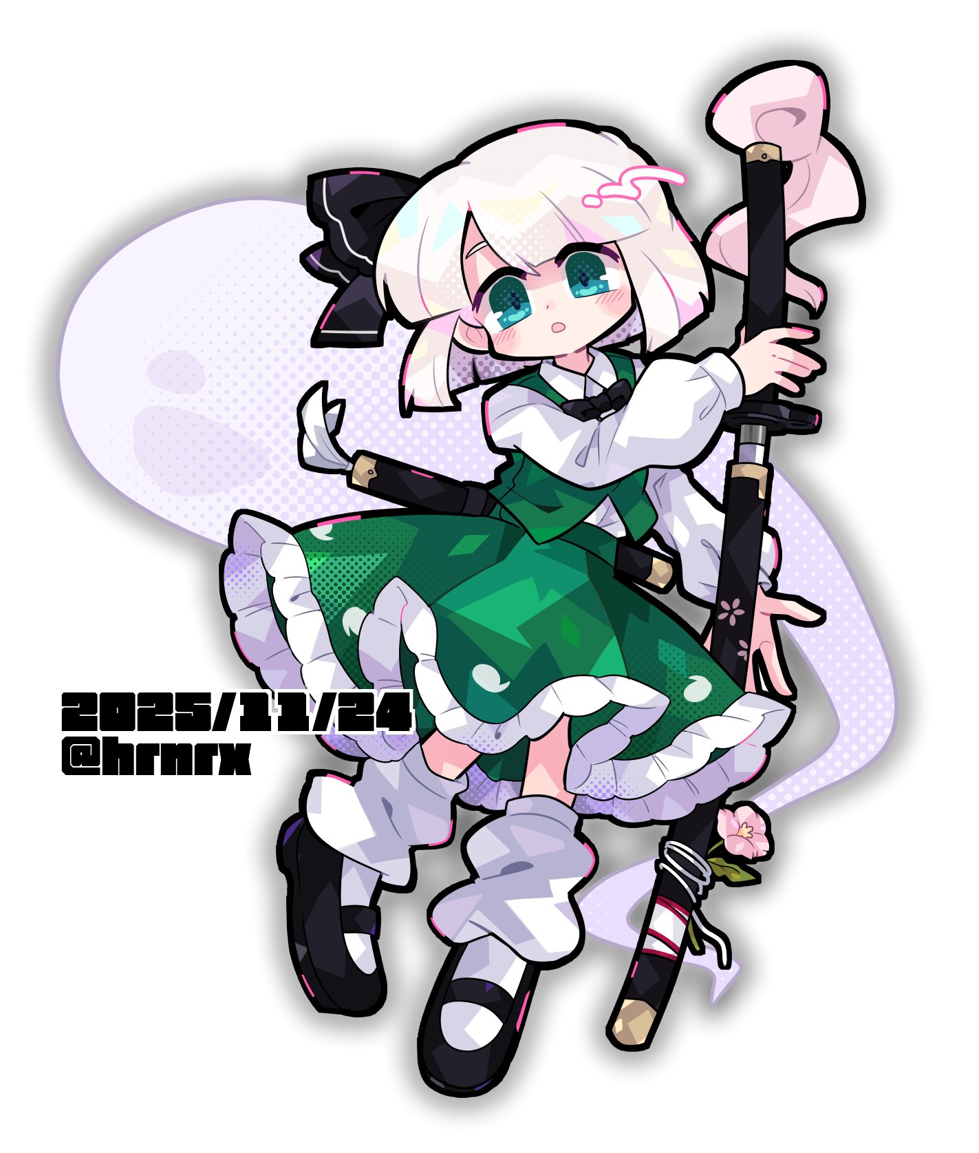 harunori (hrnrx), konpaku youmu, touhou, highres, 1girl, black bow, black bowtie, black shoes, blue eyes, bow, bowtie, cherry blossom print, floral print, flower, ghost, green skirt, green vest, hair bow, hitodama, katana, mary janes, sheath, shirt, shoes, skirt, skirt set, socks, sword, vest, weapon, white hair, white shirt, white socks