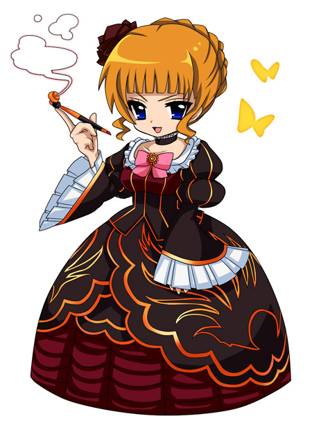 uka (color noise), beatrice (umineko), umineko no naku koro ni, bad id, bad pixiv id, 00s, 1girl, bow, bug, butterfly, chibi, dress, female focus, insect, kiseru, pink bow, smoking pipe, solo