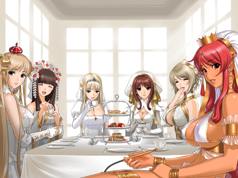 sano toshihide, princess caramel, princess juliette, princess maple, princess milk, princess tetsuko, princess vanilla, hime to boin, game cg, 6+girls, aqua eyes, blonde hair, blue eyes, breasts, brown hair, cleavage, covered erect nipples, crown, dark-skinned female, dark skin, dress, harem, hat, headdress, hookah, huge breasts, large breasts, multiple girls, red eyes, red hair, sideboob, smile, table, tiara, underboob, white dress