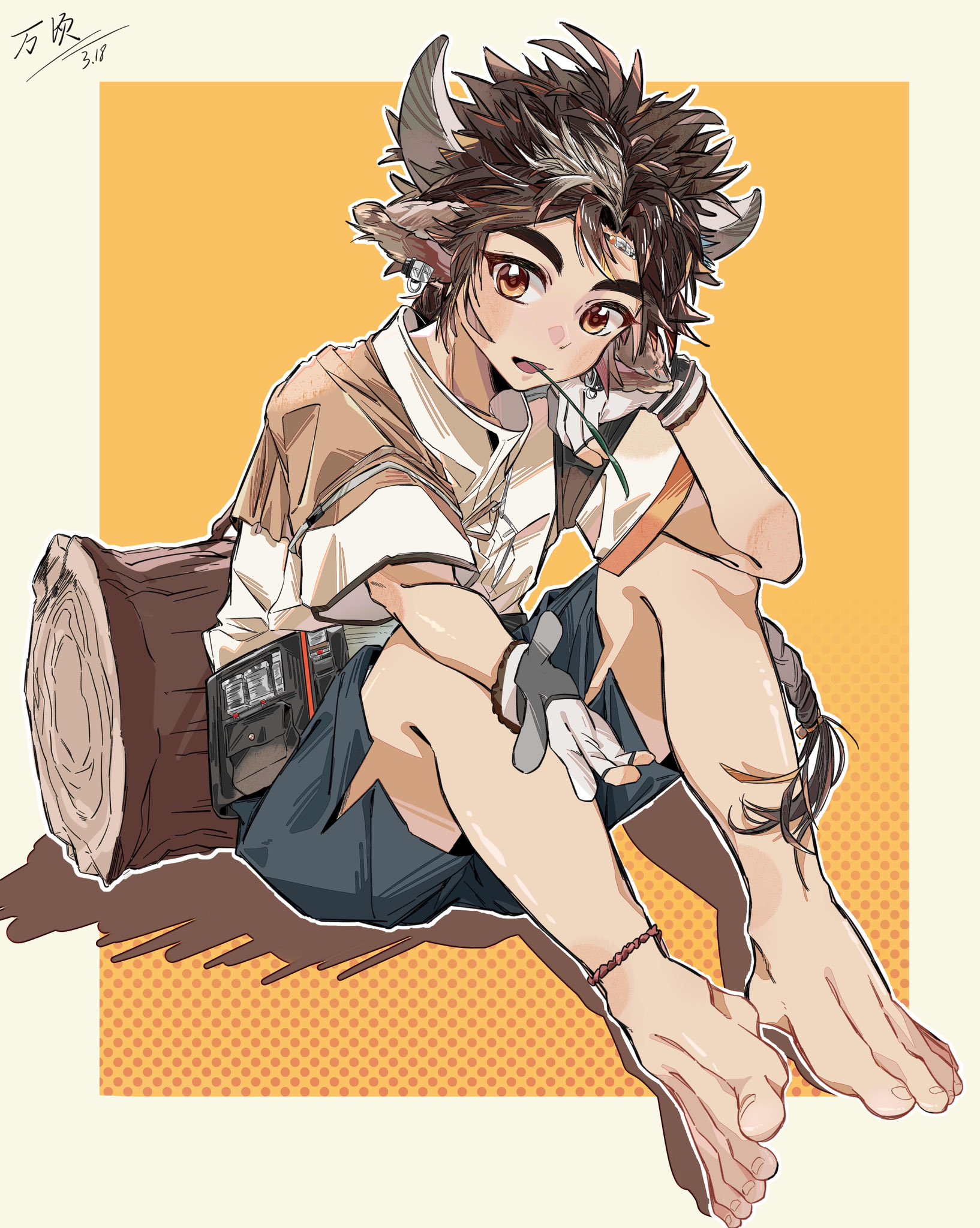puddingtiger, wan qing (arknights), arknights, highres, 1boy, animal ears, barefoot, border, braid, brown hair, cow boy, cow ears, cow horns, feet, gloves, horns, log, male focus, open mouth, outstretched hand, shirt, shorts, solo