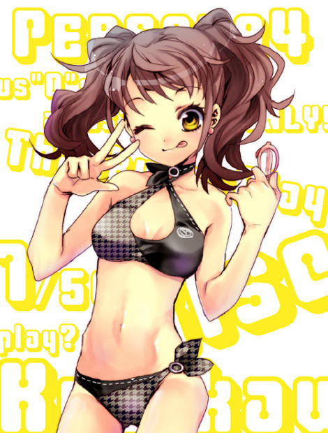 tane9, kujikawa rise, atlus, persona, persona 4, bad id, bad pixiv id, 1girl, ;p, bikini, breasts, cleavage, earrings, female focus, glasses, jewelry, medium breasts, one eye closed, pink-framed eyewear, red hair, short hair, side-tie bikini bottom, smile, solo, swimsuit, tongue, tongue out, twintails, v, wink, yellow eyes
