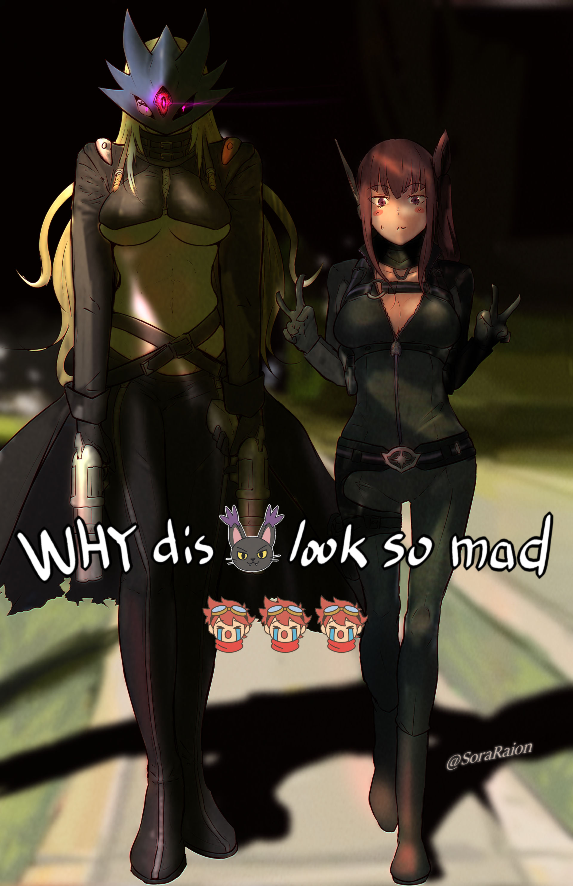 sora raion, beelstarmon, blacktailmon, shiroki asuna, yuuki dan, digimon, belt, breasts, crying, digimon (creature), emoji, long hair, mask, meme, third eye, underboob, why dis ninja look so mad (meme)