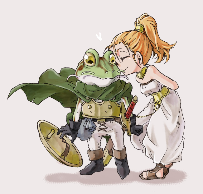 frog (chrono trigger), marle (chrono trigger), chrono (series), chrono trigger, artist request, 1990s (style), armor, bare shoulders, belt, blonde hair, boots, cape, closed eyes, frog, gloves, heart, jewelry, kiss, necklace, ponytail, sandals, shield, short hair, surprised, sword, weapon, yellow eyes