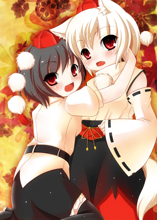 takayuki hiyori, inubashiri momiji, shameimaru aya, touhou, 2girls, animal ears, black hair, detached sleeves, female focus, hat, kneeling, multiple girls, red eyes, short hair, tail, thighhighs, tokin hat, white hair, wolf ears, wolf tail