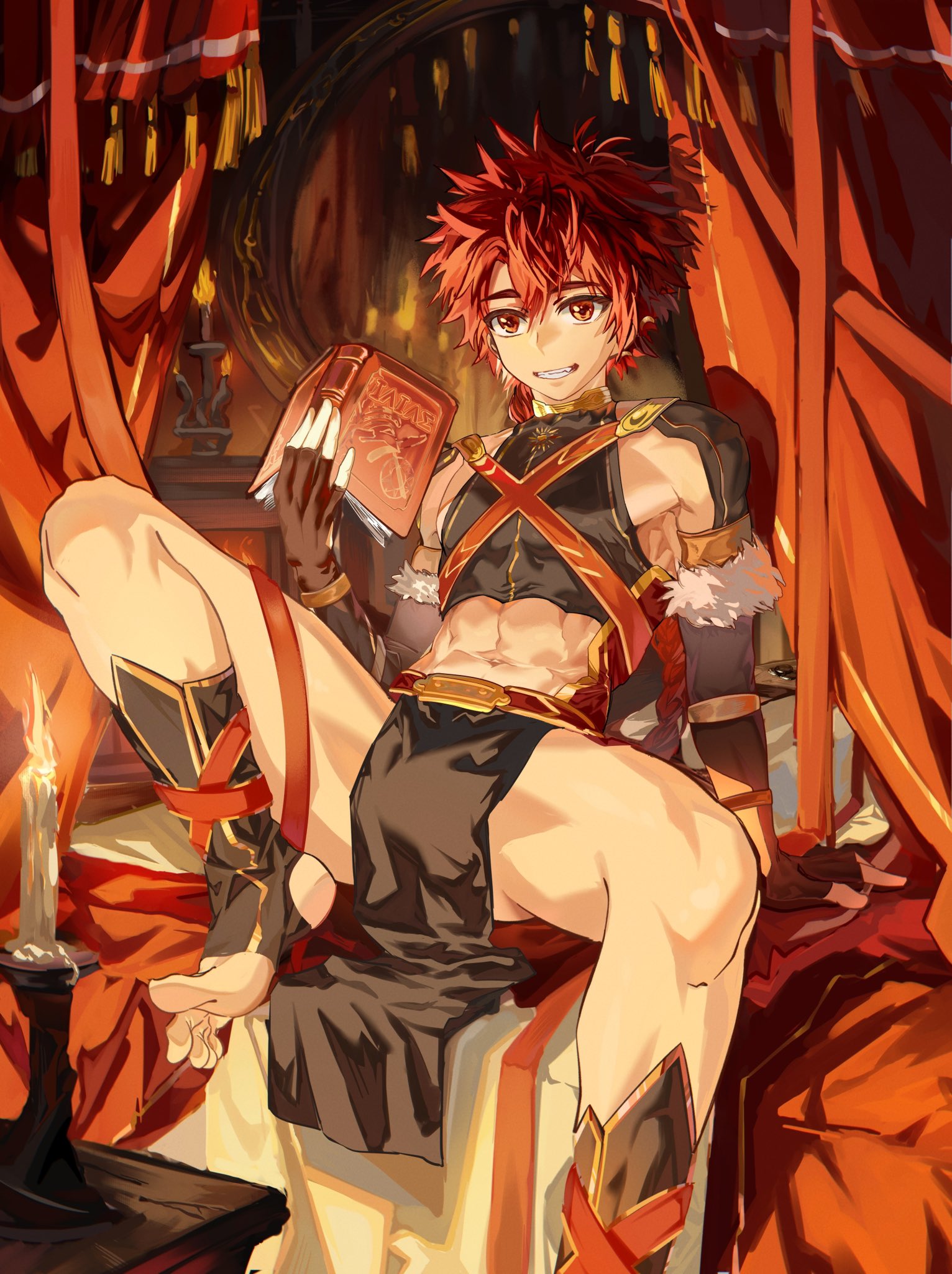 puddingtiger, character request, copyright request, highres, tagme, 1boy, book, candle, fingerless gloves, gloves, holding, holding book, male focus, midriff peek, red hair, solo, toeless legwear