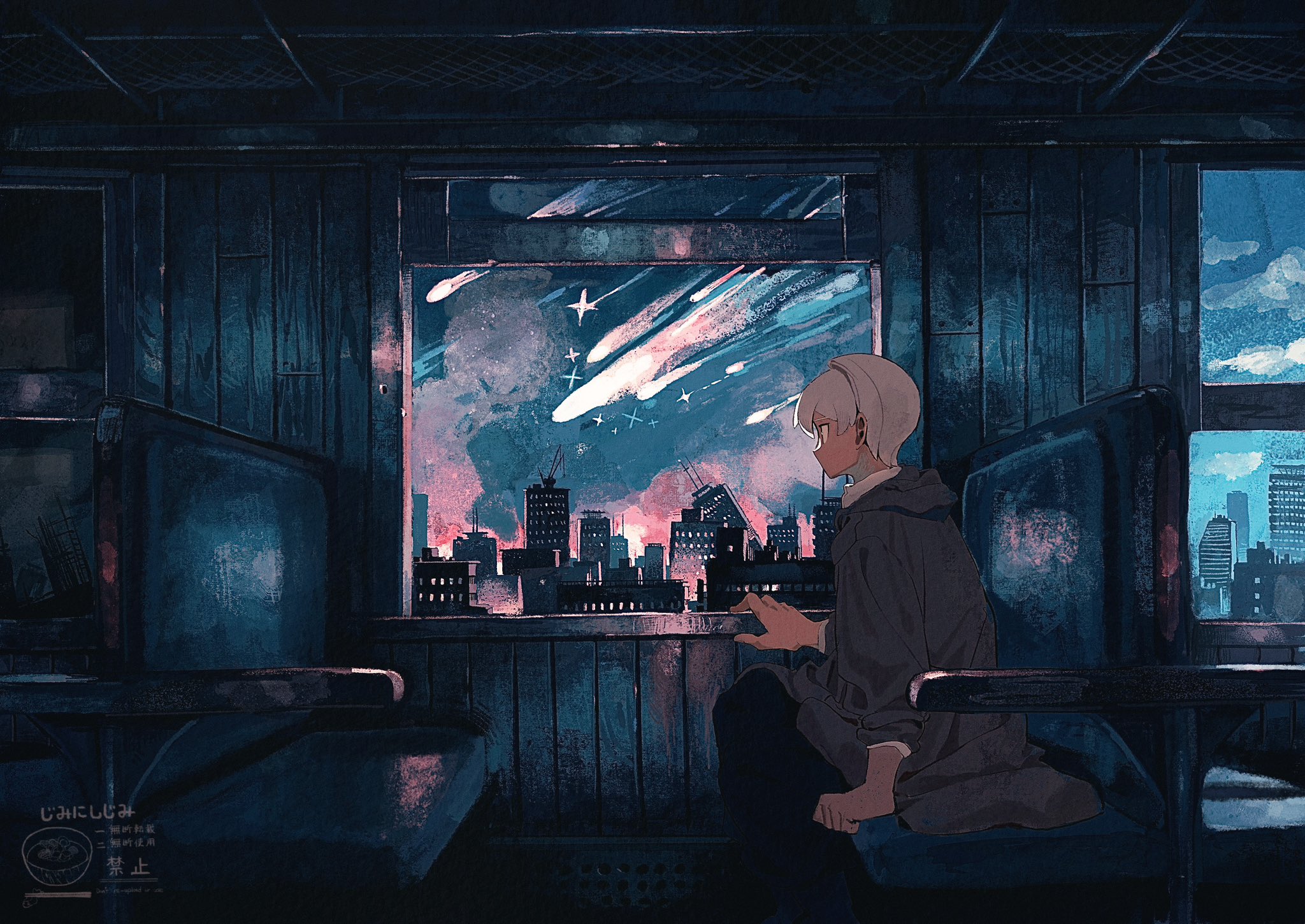 jimini shijimi, original, 1boy, building, city, fire, meteor shower, sitting, white-haired man (jimini shijimi), white hair