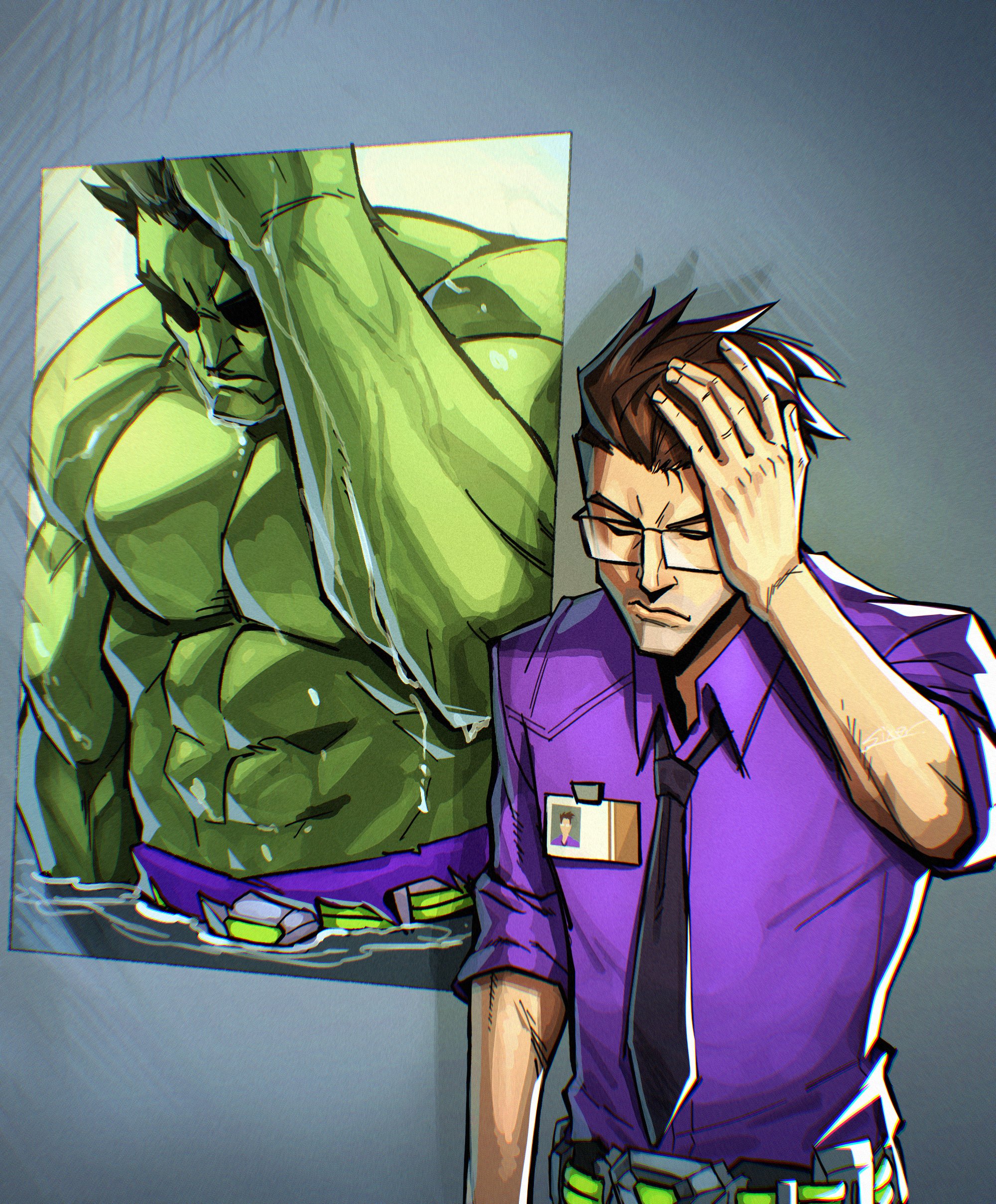 real sixer121, bruce banner, hulk, avengers (series), marvel, marvel rivals, absurdres, commentary, highres, 1boy, abs, black hair, black necktie, brown hair, closed eyes, colored skin, dual persona, glasses, green skin, grey background, hand on own head, male focus, muscular, muscular male, necktie, poster (object), purple shirt, shirt, short hair, sleeves rolled up, solo, wet