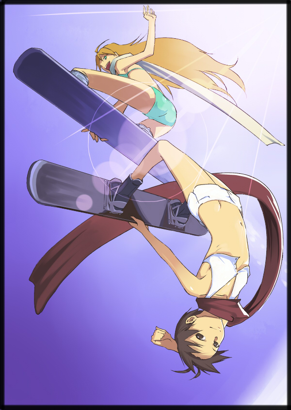 inu (aerodog), hoshii miki, kikuchi makoto, idolmaster, idolmaster (classic), 00s, antenna hair, bikini, black hair, blonde hair, lens flare, scarf, shorts, snowboard, surfboard, swimsuit