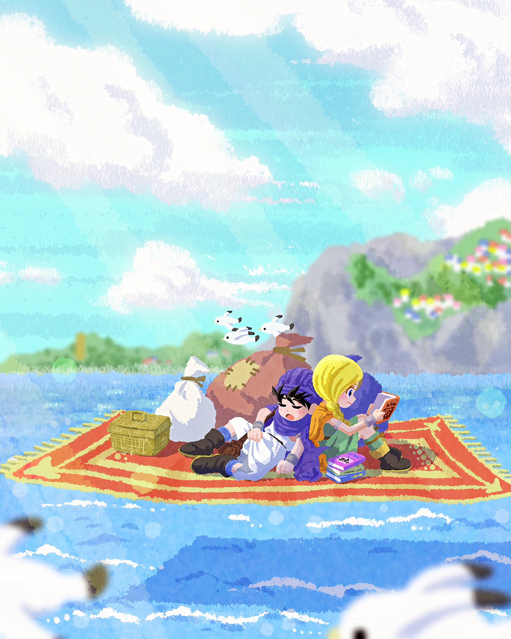pellrunks, bianca (dq5), hero (dq5), dragon quest, dragon quest v, commentary request, highres, 1boy, 1girl, bag, bird, black hair, blonde hair, blue sky, blurry, blurry background, blurry foreground, book, boots, bracelet, braid, brown boots, cape, cloak, closed eyes, cloud, cloudy sky, dress, flying, from side, full body, green dress, holding, holding book, jewelry, leaning on person, long hair, magic carpet, mountainous horizon, ocean, open mouth, outdoors, picnic basket, profile, purple cape, purple cloak, purple turban, reading, single braid, sitting, sky, sleeping, tunic, white bird, white tunic
