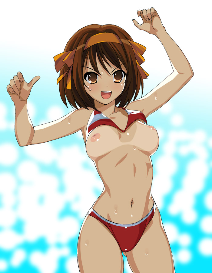 suzumiya haruhi, suzumiya haruhi no yuuutsu, a1, bikini lift, bikini, breasts, brown eyes, brown hair, hairband, nipples, open mouth, short hair, smile, solo, sweat, swimsuit, tan, tanline, wardrobe malfunction
