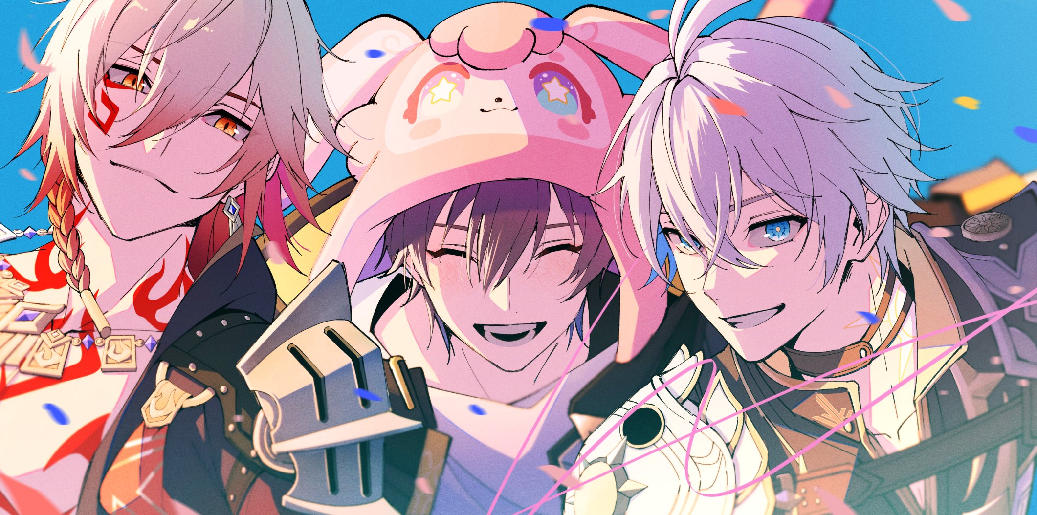 kkno k, caelus (honkai: star rail), mem (honkai: star rail), mydei (honkai: star rail), phainon (honkai: star rail), trailblazer (honkai: star rail), honkai: star rail, honkai (series), highres, 3boys, ancient greek clothes, antenna hair, armor, black choker, black coat, black shirt, blonde hair, blue eyes, blue gemstone, blue hair, blue sky, body markings, braid, character hat, choker, closed eyes, closed mouth, coat, collarbone, colored inner hair, confetti, crossed bangs, day, earrings, gem, gold earrings, gold necklace, gradient hair, greco-roman clothes, grey hair, hair between eyes, hair ornament, happy, hat, hood, hooded coat, jacket, jewelry, looking at another, looking at viewer, male focus, medium hair, multicolored hair, multiple boys, neck tattoo, necklace, open clothes, open coat, open mouth, outdoors, red eyes, red hair, shirt, short hair, shoulder armor, single braid, sky, smile, sun symbol, sun tattoo, t-shirt, tan, tattoo, teeth, two-sided coat, two-sided fabric, upper body, white jacket, white shirt, yellow coat, yellow pupils