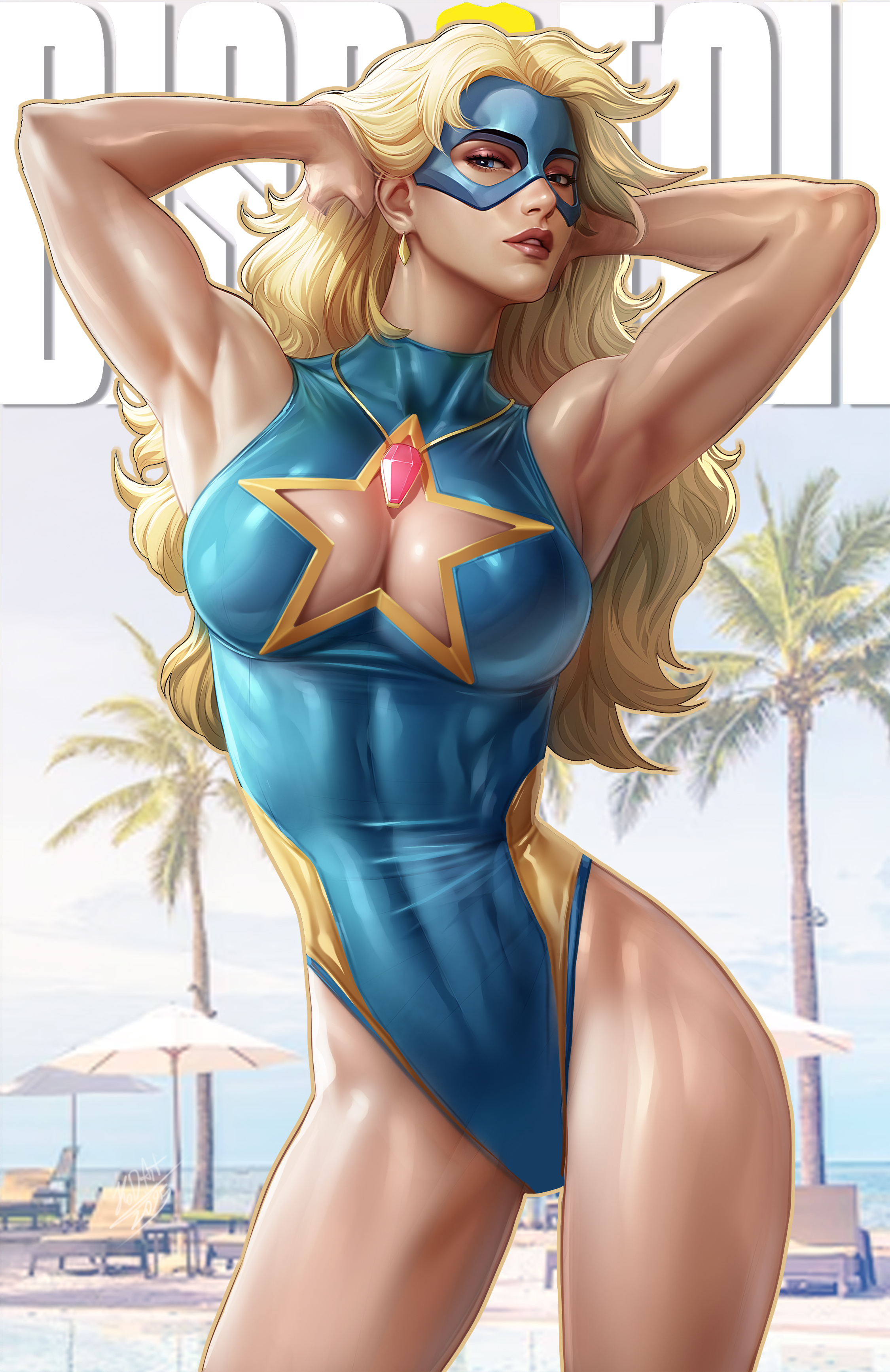 kodiart96, blonde blazer, mandy (dispatch), dispatch, absurdres, commentary, english commentary, highres, 1girl, abs, armpits, arms behind head, beach chair, blonde hair, blue eyes, blue mask, blue one-piece swimsuit, breasts, cleavage, cleavage cutout, clothing cutout, collarbone, crystal, earrings, gold earrings, jewelry, lips, logo, long hair, mask, muscular, one-piece swimsuit, outline, palm tree, pinup (style), signature, superhero costume, swimsuit, thighs, tree, umbrella, yellow outline