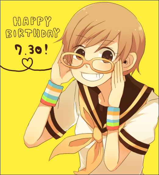 fukushima, satonaka chie, atlus, persona, persona 4, bad id, bad pixiv id, brown eyes, brown hair, glasses, grin, heart, heart of string, school uniform, serafuku, short hair, smile, solo, tomboy, wristband