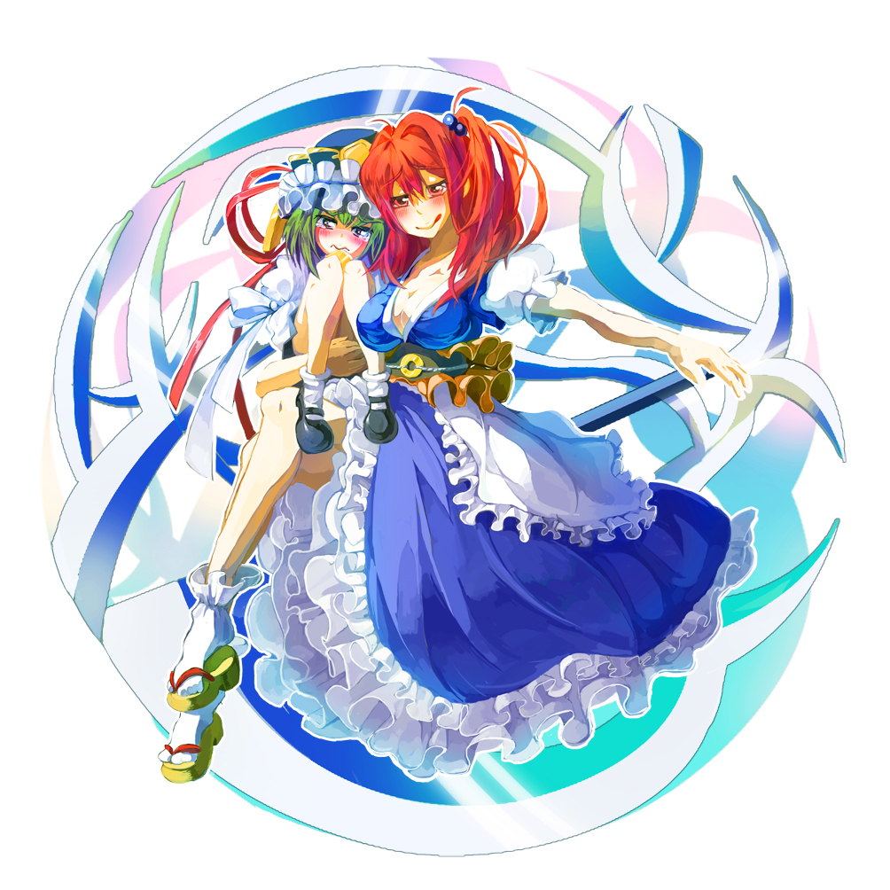 kiyomogi, onozuka komachi, shiki eiki, touhou, bad id, bad pixiv id, 2girls, :d, blue eyes, blush, breasts, cleavage, clog sandals, female focus, green hair, hat, large breasts, mary janes, multiple girls, okobo, open mouth, platform sandals, red eyes, red hair, sandals, scythe, shoes, short hair, smile, tears, twintails, two side up