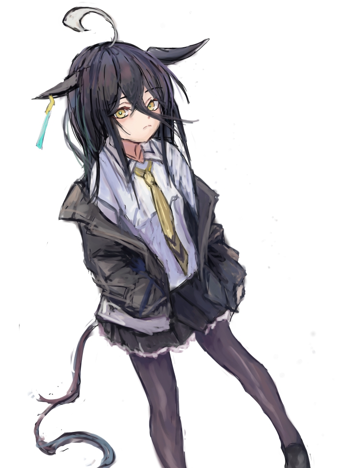 yanagi wakana, manhattan cafe (umamusume), umamusume, 1girl, ahoge, animal ears, black hair, black jacket, black pantyhose, black skirt, closed mouth, collared shirt, ear tag, earrings, hair between eyes, hands in pockets, horse ears, horse girl, horse tail, jacket, jewelry, long bangs, long hair, long hair between eyes, long sleeves, looking at viewer, multicolored hair, necktie, open clothes, open jacket, pantyhose, shirt, shoes, simple background, single earring, skirt, solo, tail, very long hair, white background, white hair, white shirt, yellow eyes, yellow necktie