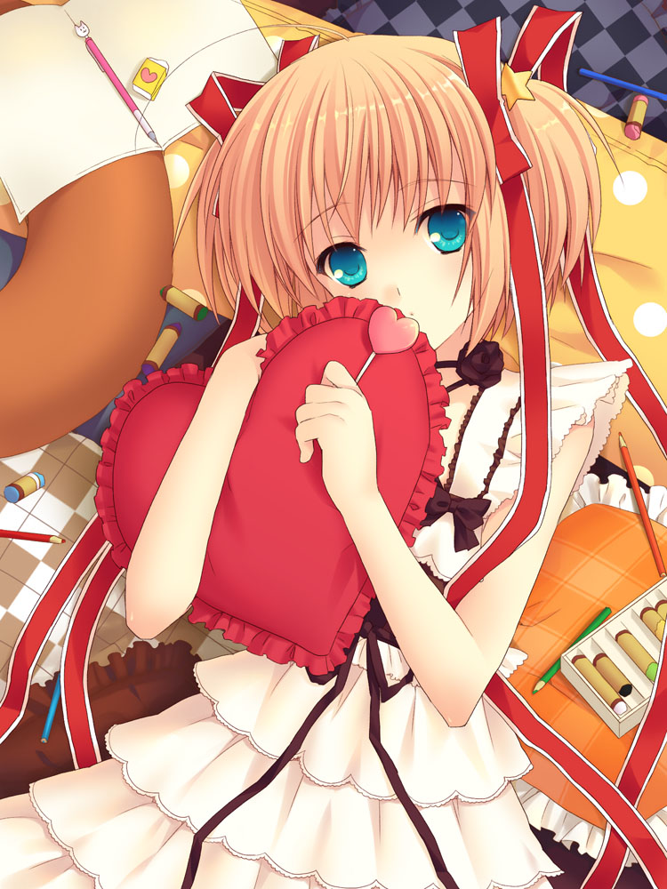 fuyuichi, kamikita komari, little busters!, 1girl, aqua eyes, candy, colored pencil, dress, eraser, female focus, food, frilled pillow, frills, hair ribbon, heart, heart-shaped food, heart-shaped lollipop, heart-shaped pillow, hugging object, lollipop, lying, mechanical pencil, pastels, pencil, pillow, pillow hug, ribbon, shaped lollipop, solo, star (symbol), wooden pencil