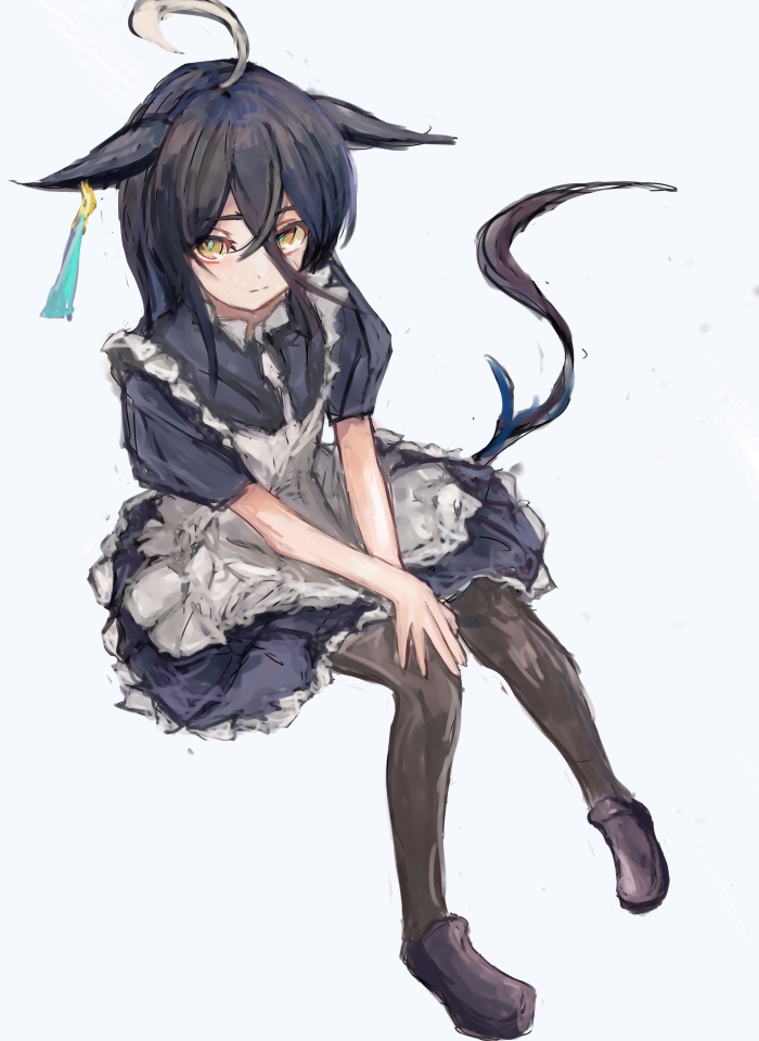 yanagi wakana, manhattan cafe (umamusume), umamusume, 1girl, ahoge, animal ears, apron, black dress, black hair, black pantyhose, closed mouth, dress, ear tag, earrings, hair between eyes, horse ears, horse girl, horse tail, jewelry, long bangs, long hair, long hair between eyes, looking at viewer, maid, maid apron, multicolored hair, pantyhose, short sleeves, simple background, single earring, solo, tail, white apron, white hair, yellow eyes