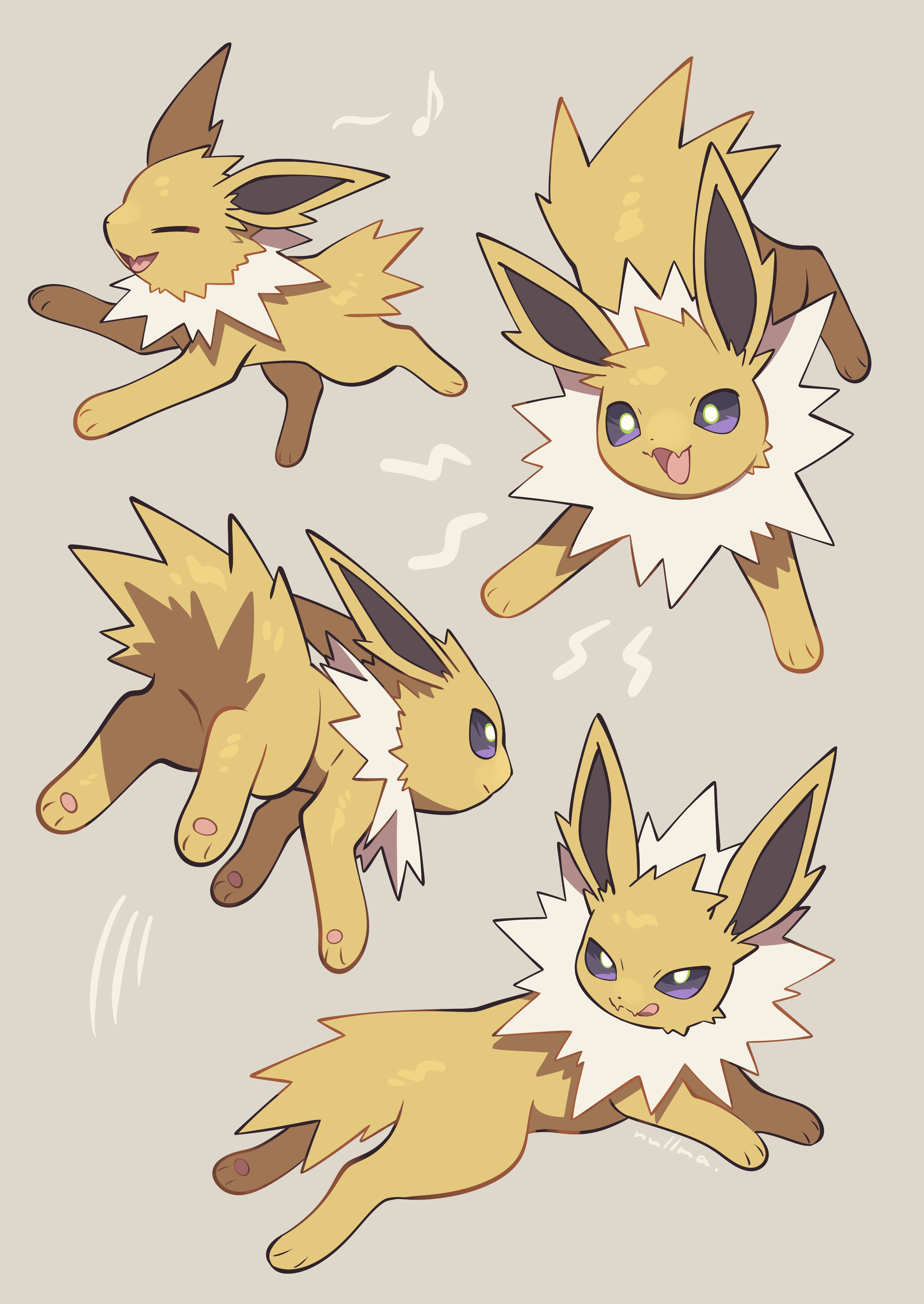 nullma, jolteon, nintendo, pokemon, absurdres, highres, animal focus, closed mouth, fang, full body, gen 1 pokemon, lightning bolt symbol, musical note, neck fur, no humans, open mouth, pokemon (creature), pokemon focus, smile, tail, tongue, tongue out, yellow fur