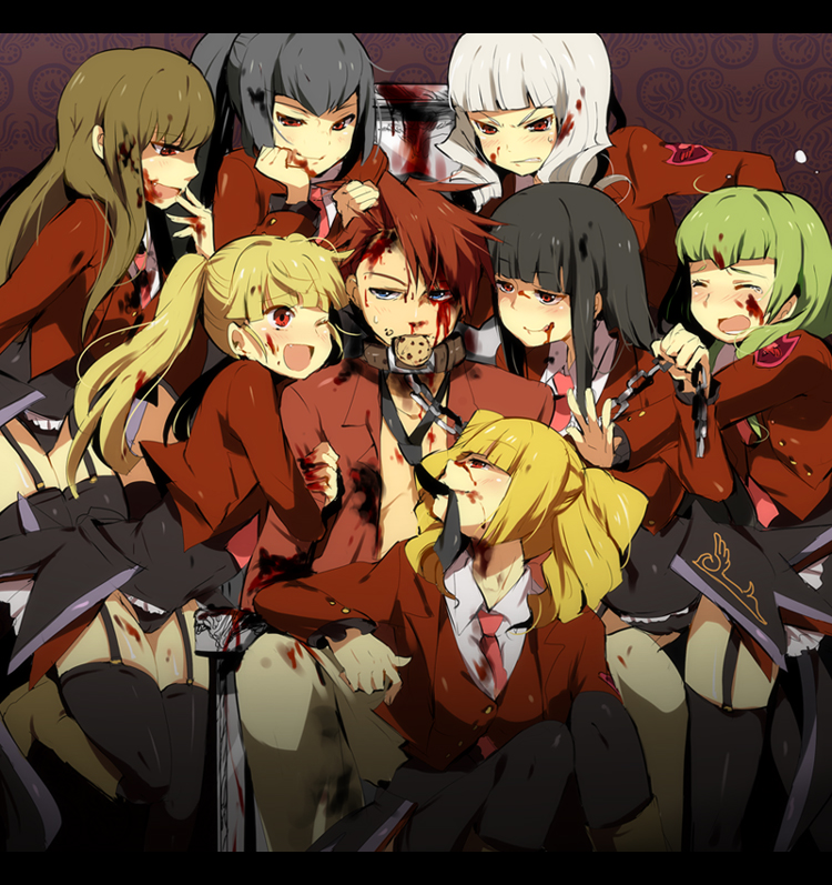 kl (dgzonbi), asmodeus (umineko), beelzebub (umineko), belphegor (umineko), leviathan (umineko), lucifer (umineko), mammon (umineko), satan (umineko), stakes of purgatory, ushiromiya battler, umineko no naku koro ni, 00s, 1boy, 6+girls, angry, arm hug, black garter straps, black hair, black panties, blonde hair, blood, brown hair, chain, chain leash, collar, cookie, drill hair, femdom, food, garter belt, garter straps, grabbing another's hair, green hair, harem, holding another's hair, leash, licking lips, mouth hold, multiple girls, necktie, panties, pimp, pink necktie, ponytail, smile, sweat, thighhighs, tongue, tongue out, underwear, white hair