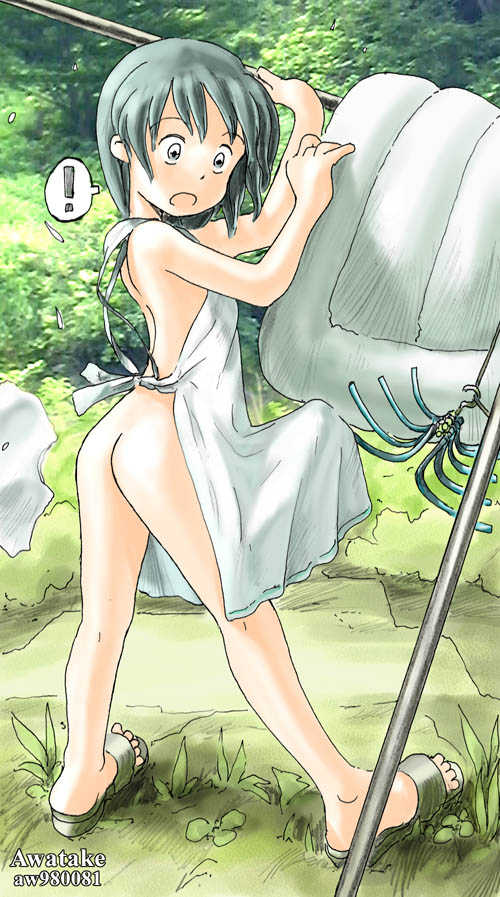 awatake takahiro, !, 1girl, ?, apron, artist name, ass, back, black hair, clothesline, futon, grass, laundry, naked apron, outdoors, photo background, sandals, spoken exclamation mark, spoken question mark, surprised, toes, tree