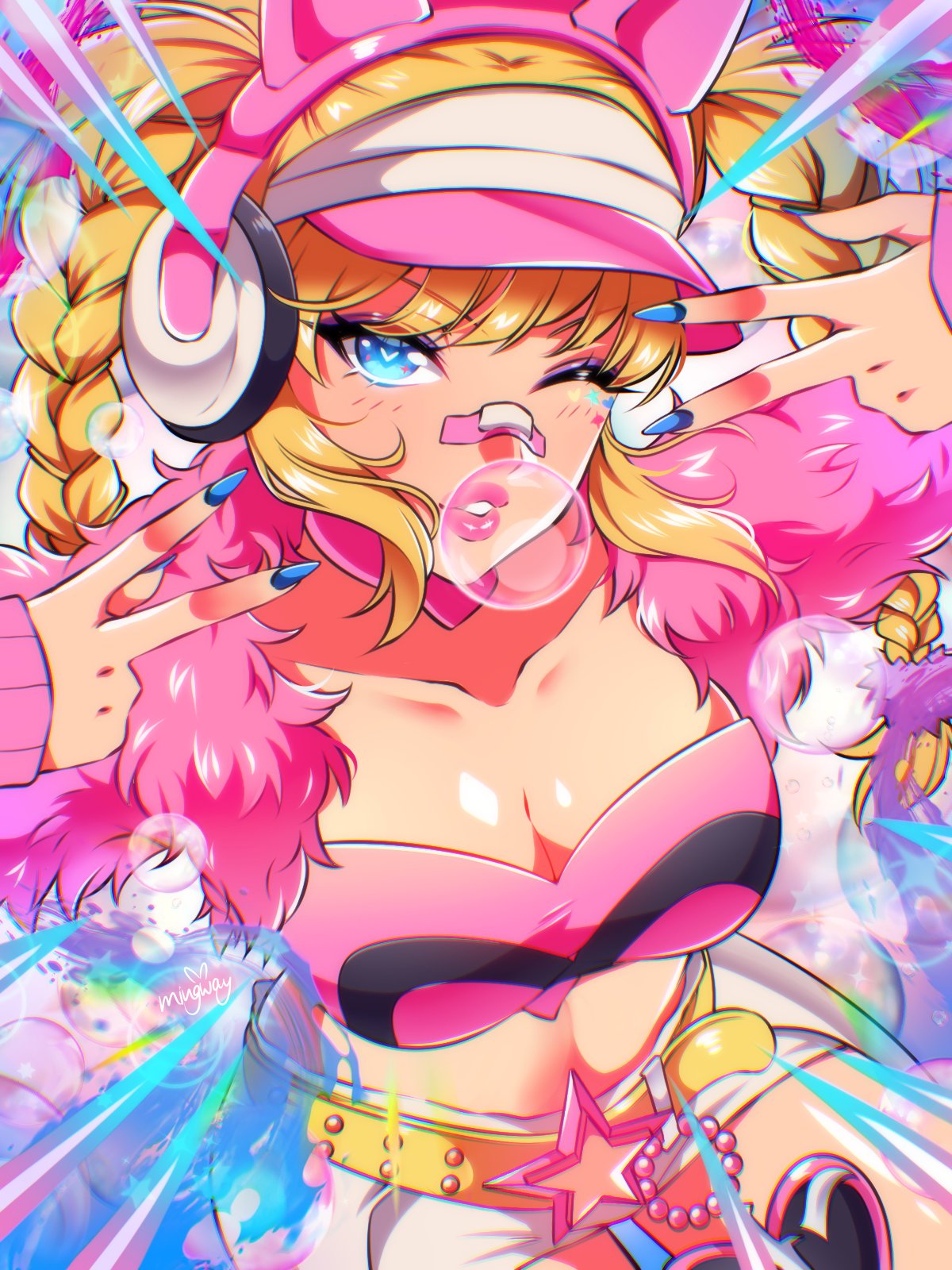 mingway, magik (new millenia might) (x-men), magik (x-men), marvel, marvel rivals, x-men, commentary, highres, 1girl, animal ear headphones, animal ears, artist name, bandaid, bandaid on face, bandaid on nose, belt, belt buckle, blonde hair, blue eyes, blue nails, braid, breasts, bubble, buckle, cat ear headphones, cat ears, choker, cleavage, double v, eyeshadow, fake animal ears, fingernails, fur jacket, hair ornament, hair scrunchie, headphones, heart, heart-shaped pupils, heart choker, jacket, long fingernails, looking at viewer, makeup, medium breasts, midriff, official alternate costume, one eye closed, pink choker, pink jacket, pink lips, purple eyeshadow, scrunchie, shorts, solo, symbol-shaped pupils, twin braids, v, white shorts, y2k fashion, yellow belt