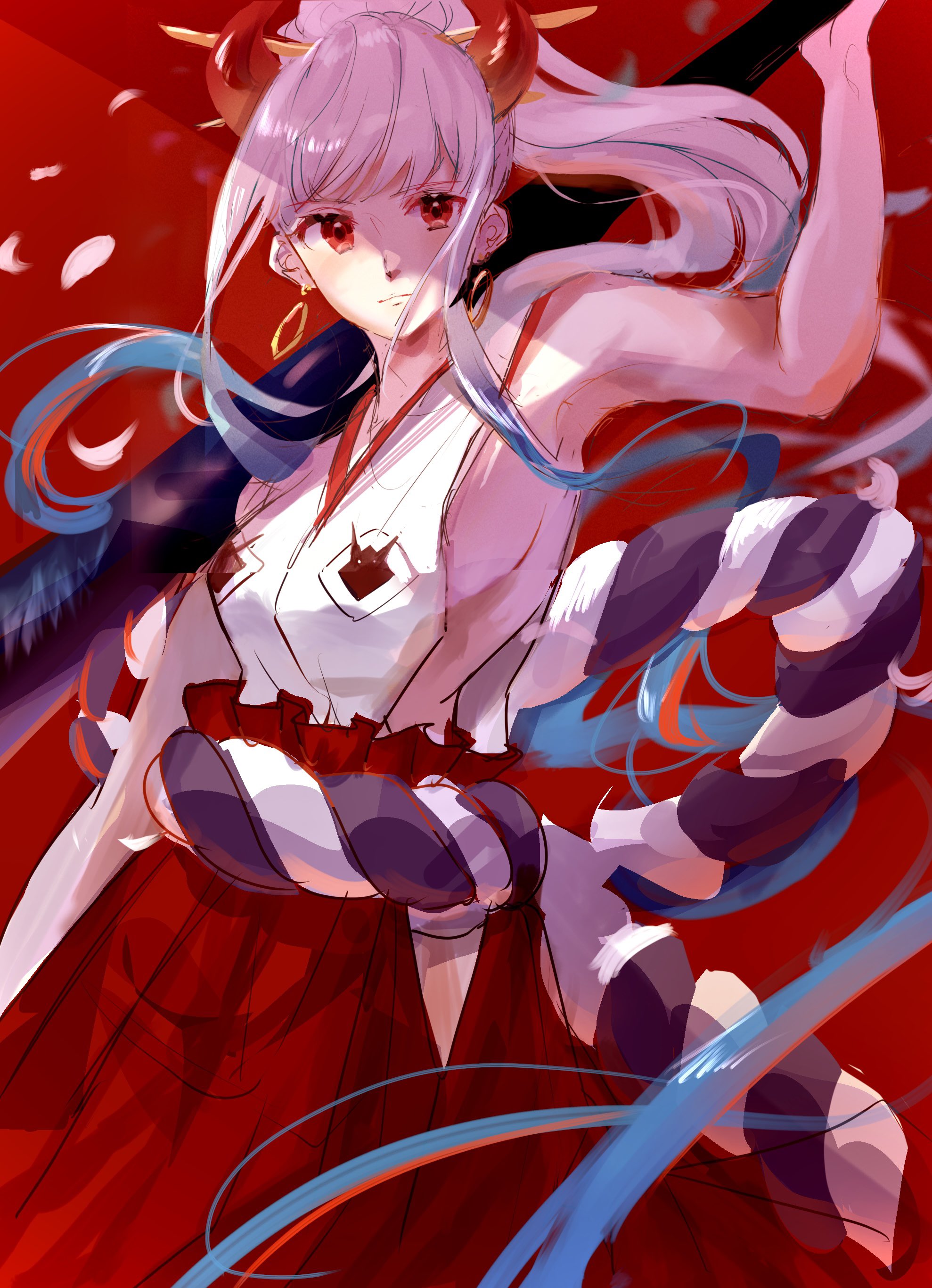 p4p q, yamato (one piece), one piece, absurdres, commentary, highres, 1girl, aqua hair, breasts, closed mouth, club, club (weapon), earrings, floating hair, hakama, holding, holding weapon, hoop earrings, horns, japanese clothes, jewelry, kanabou, kimono, orange eyes, ponytail, red background, red hakama, rope, shimenawa, sideboob, sidelocks, sleeveless, sleeveless kimono, solo, weapon, white hair, white kimono