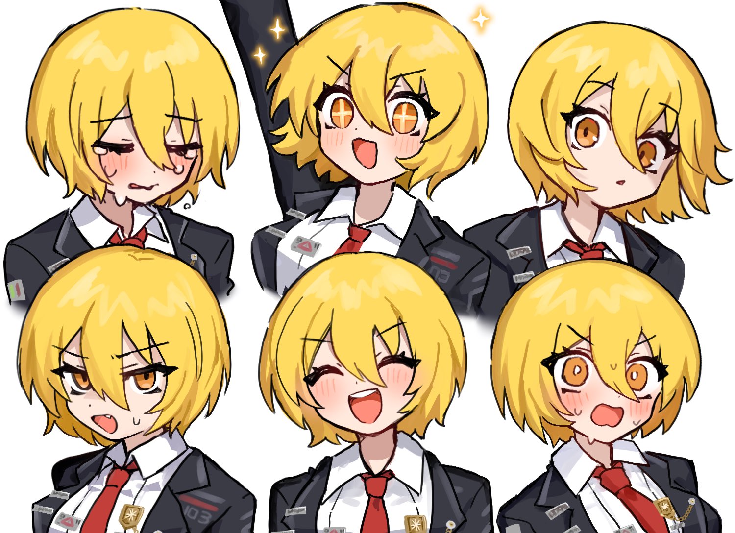 ro/ku, don quixote (project moon), limbus company, project moon, commentary request, + +, 1girl, :d, ^ ^, black jacket, blonde hair, blush, bright pupils, closed eyes, collared shirt, dot nose, fang, jacket, looking at viewer, multiple expressions, multiple views, necktie, open mouth, orange eyes, red necktie, sad, shirt, short hair, smile, sweatdrop, tearing up, teeth, upper teeth only, v-shaped eyebrows, wavy hair, white pupils, white shirt, wide-eyed