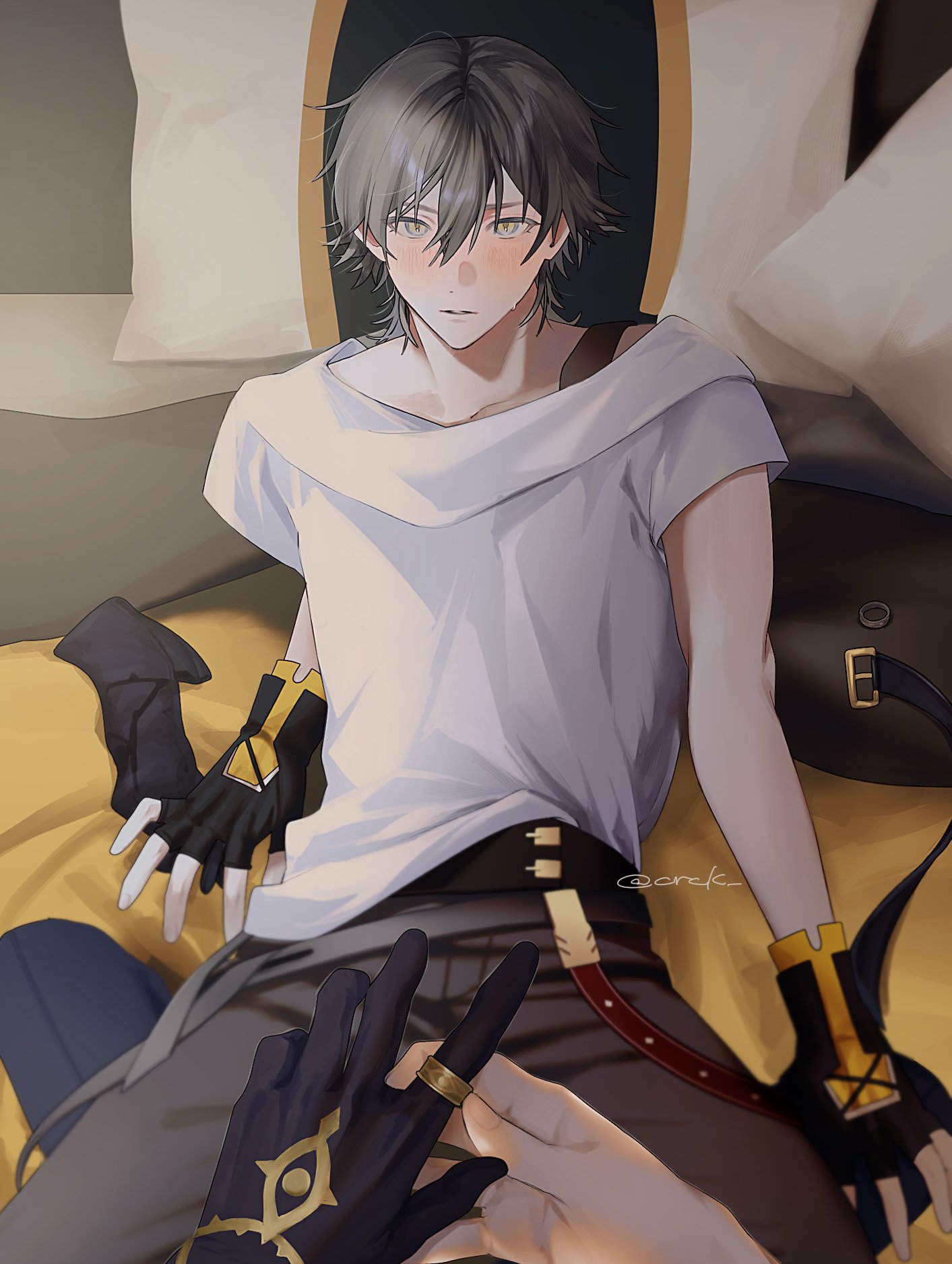 kurashiki (kas0), caelus (honkai: star rail), sunday (honkai: star rail), trailblazer (honkai: star rail), honkai: star rail, honkai (series), commentary request, highres, 2boys, artist name, astral express (honkai: star rail), belt, black belt, black gloves, black pants, blanket, blush, collarbone, fingerless gloves, fingernails, gloves, gold ring, grey hair, hair between eyes, hands up, indoors, looking at another, lying, male focus, multiple boys, nervous, on back, on bed, pants, pillow, shirt, short hair, short sleeves, single glove, solo focus, spread legs, sweatdrop, t-shirt, teeth, white shirt, yaoi