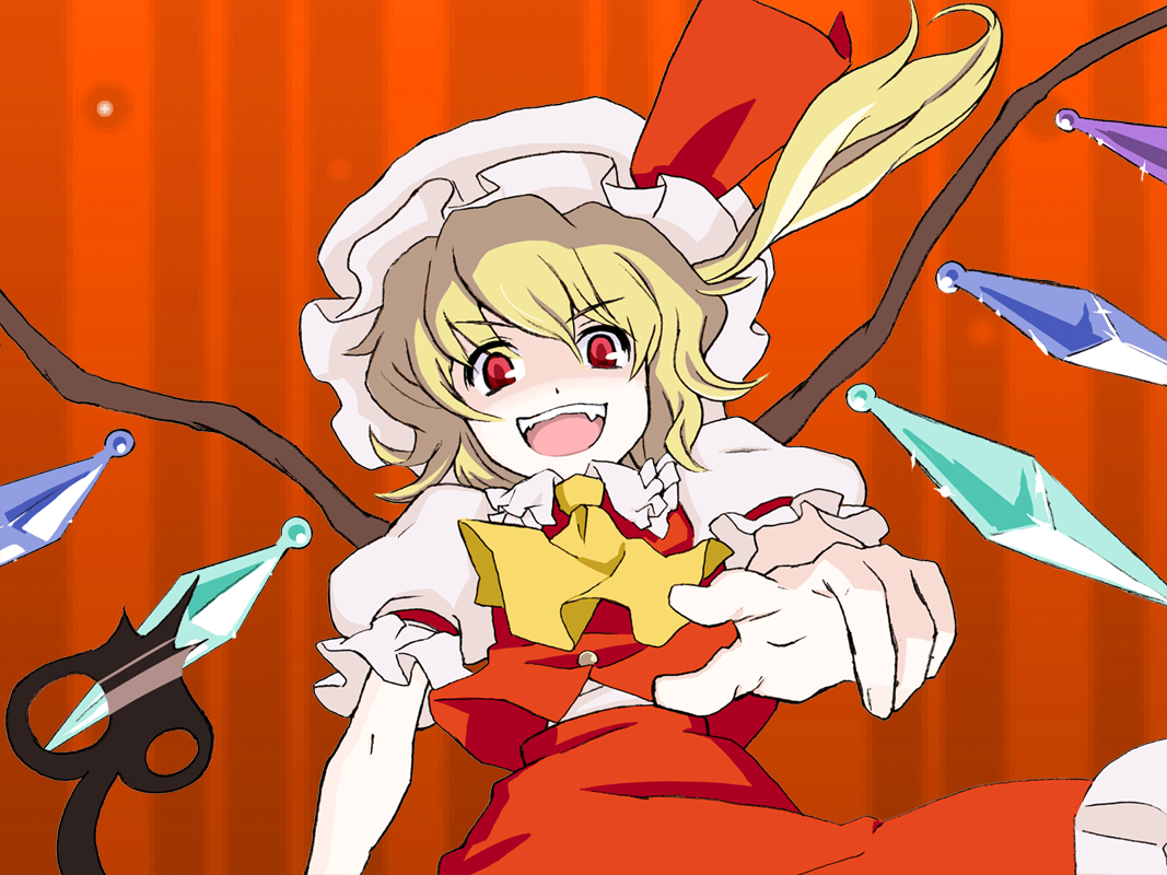 hasegawa keita, flandre scarlet, hasegawa, touhou, 1girl, blonde hair, fangs, female focus, foreshortening, hat, pointing, ponytail, red eyes, short hair, side ponytail, solo, wings