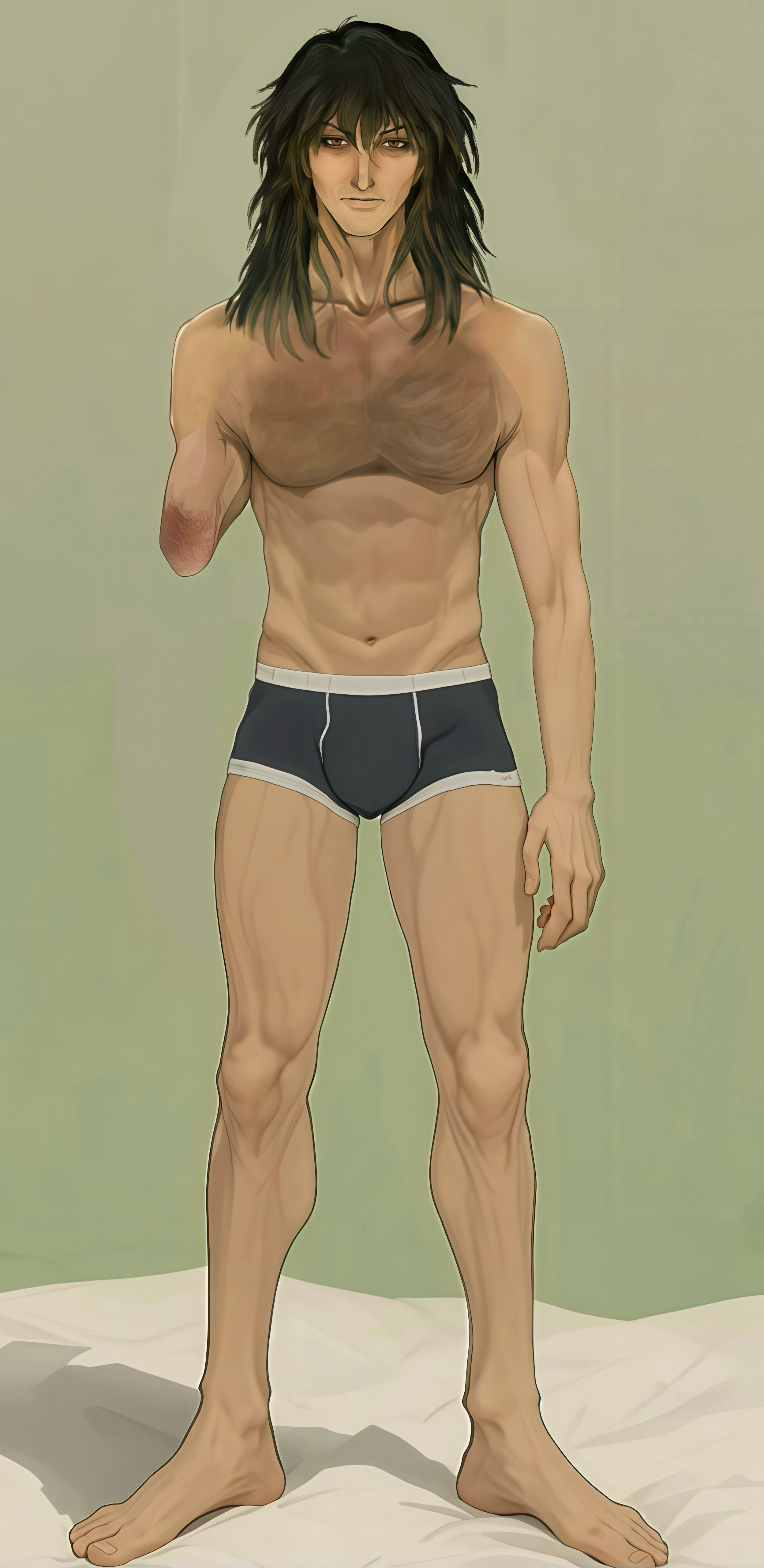 albel nox, star ocean, star ocean: till the end of time, absurdres, ai-assisted, highres, 1boy, amputee, barefoot, boxers, bulge, full body, ish33r, male underwear, manly, monochrome background, muscular, muscular male, scar, scar on arm, simple background, solo, topless male, underwear