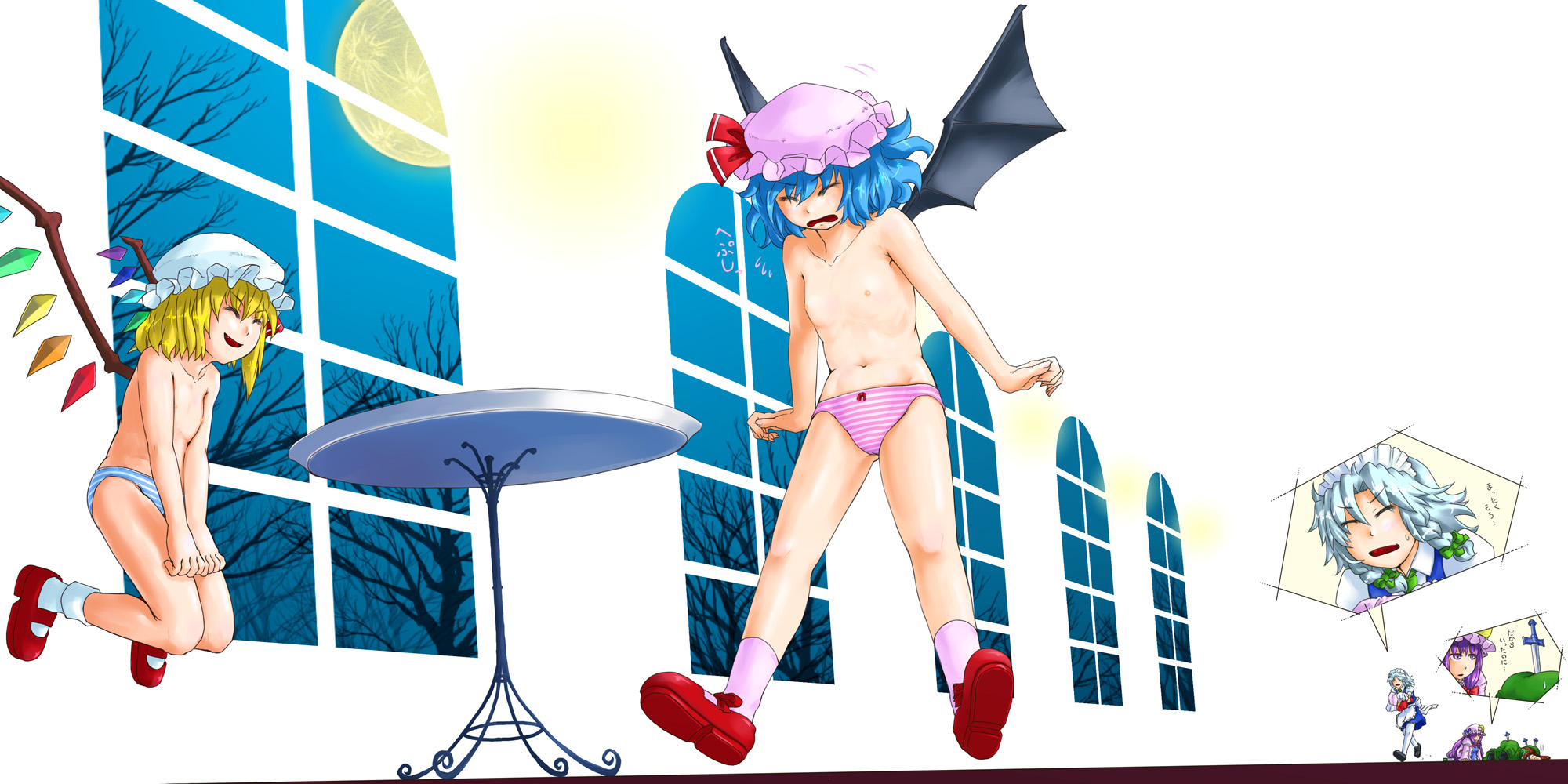 mashiton, flandre scarlet, hong meiling, izayoi sakuya, patchouli knowledge, remilia scarlet, embodiment of scarlet devil, touhou, bad id, bad pixiv id, highres, 5girls, female focus, hat, loli, mary janes, multiple girls, nude, panties, ribbon, shoes, short hair, topless female, underwear, window, wings