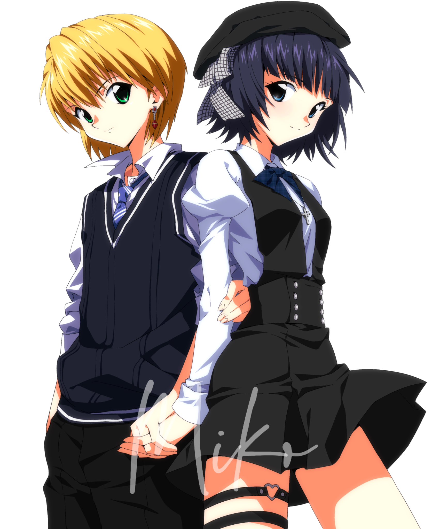 miko heb, kurapika, hunter x hunter, original, character request, highres, 1boy, 1girl, artist name, black dress, black hat, black pants, black vest, blonde hair, blue bow, blue bowtie, blue eyes, blue hair, blue necktie, bow, bowtie, breasts, collared shirt, cowboy shot, cross, cross necklace, dress, earrings, green eyes, hat, heart, holding another's arm, holding hands, jewelry, juliet sleeves, long sleeves, necklace, necktie, o-ring, o-ring thigh strap, pants, pinafore dress, puffy sleeves, shirt, short hair, signature, simple background, sleeveless, sleeveless dress, sleeves rolled up, small breasts, smile, standing, sweater vest, thigh strap, vest, white background, white shirt