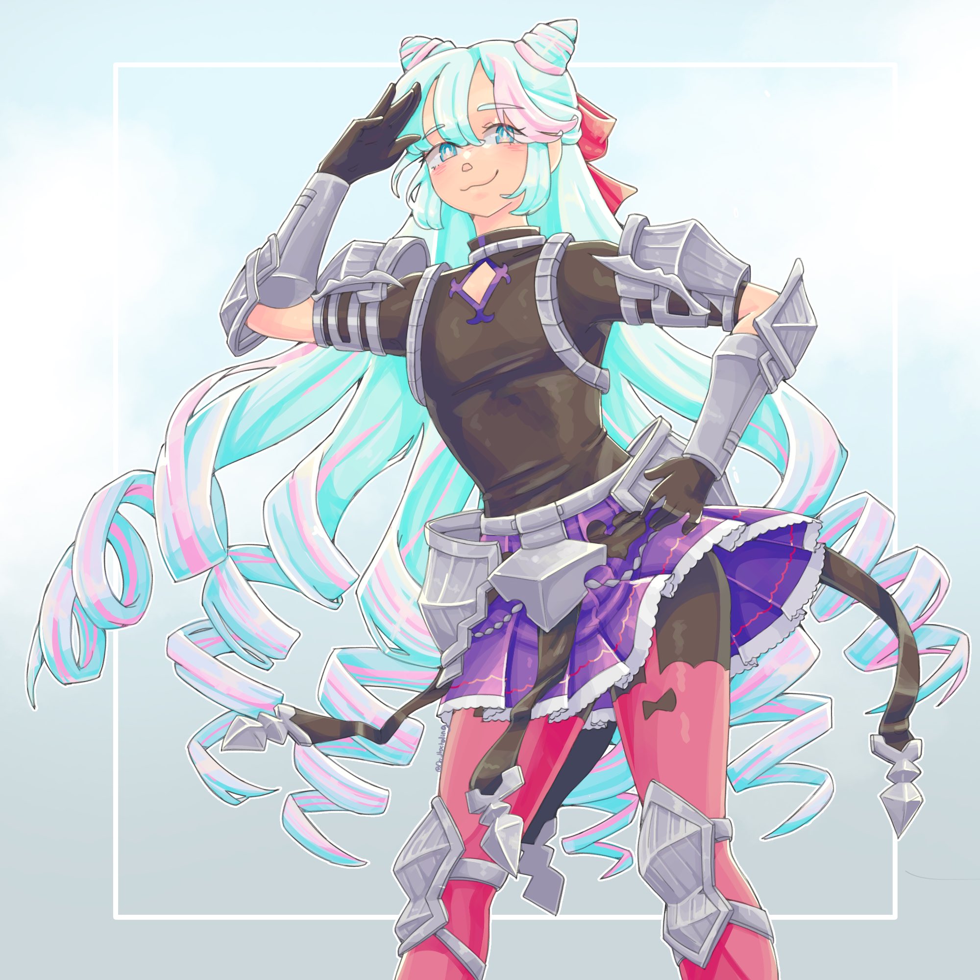 occultoctoling, rosado (fire emblem), fire emblem, fire emblem engage, nintendo, highres, 1boy, :3, androgynous, blue eyes, blue hair, cone hair bun, drill hair, garter straps, hair between eyes, hair bun, hair horns, long hair, looking at viewer, male focus, pink hair, pink thighhighs, smile, solo, thighhighs, trap
